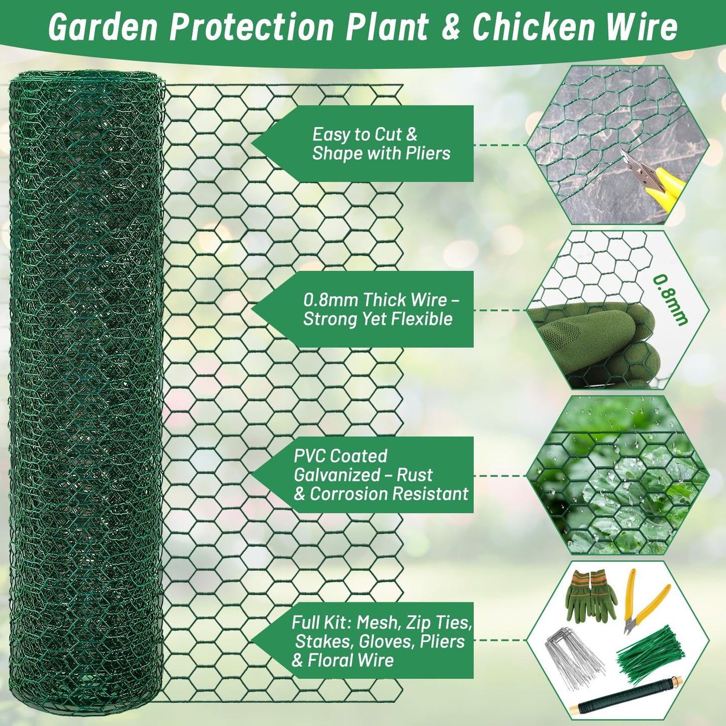 Convivium Plant Protectors from Animals, 0.8mm Free-Cut Green Chicken Wire Mesh, PVC Coated Tree Trunk Guard & Garden Fence for Outdoor Plants with Zip Ties, Stakes, Pliers, Gloves(16.7 Ft*24In)