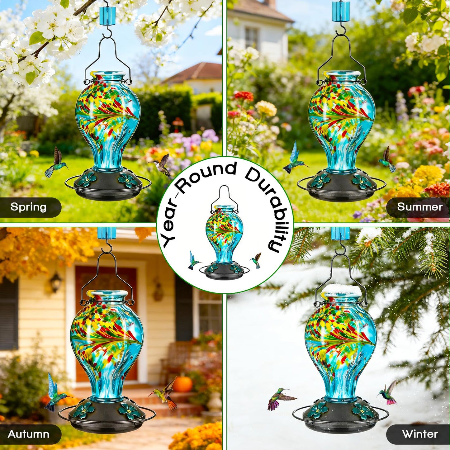 Tegarbed Hand Blown Glass Hummingbird Feeders for Outdoors Hanging, 24oz Wild Bird Nectar Feeder with Ant Moat and Perch, Bee-Resistant Ports, Garden Decor, Gifts for Women Mom, 1 Pack, Blue Phoenix
