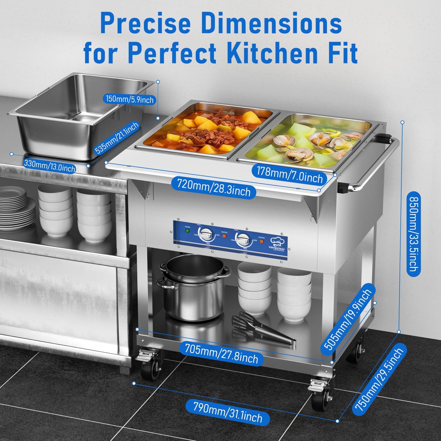 TOPKITCH 2-Pan Commercial Food Warmer, Electric Steam Table with Independent Temperature Control, 120V 1000W Stainless Steel Buffet Catering Food Warmer with Undershelf and Workspace, for Restaurant.