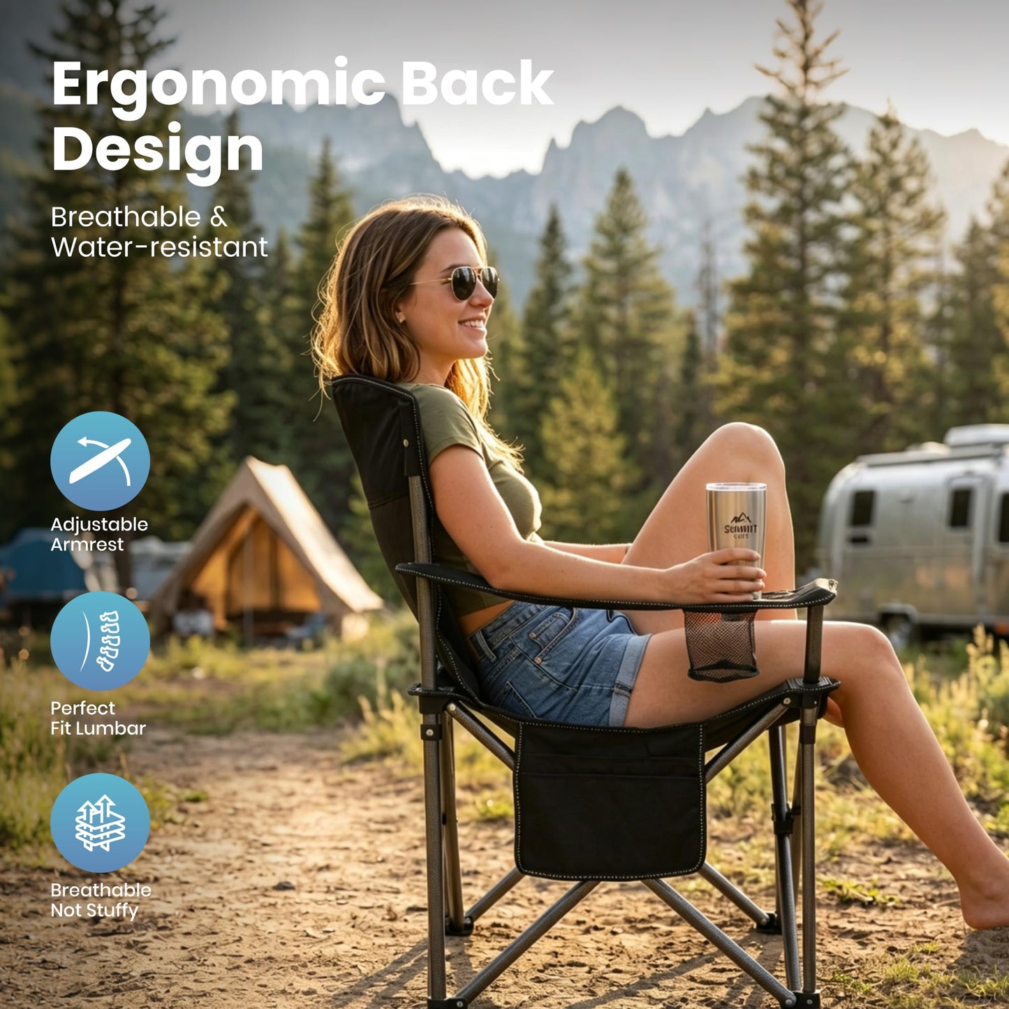 HIGH POINT SPORTS Oversized Folding Camping Chair, Heavy Duty Portable Camp Lawn Chairs, Folding Chairs for Outside with Cup Holder and Cooler Bag for Travel, Beach Support 450 LBS, 2 Pack, Black