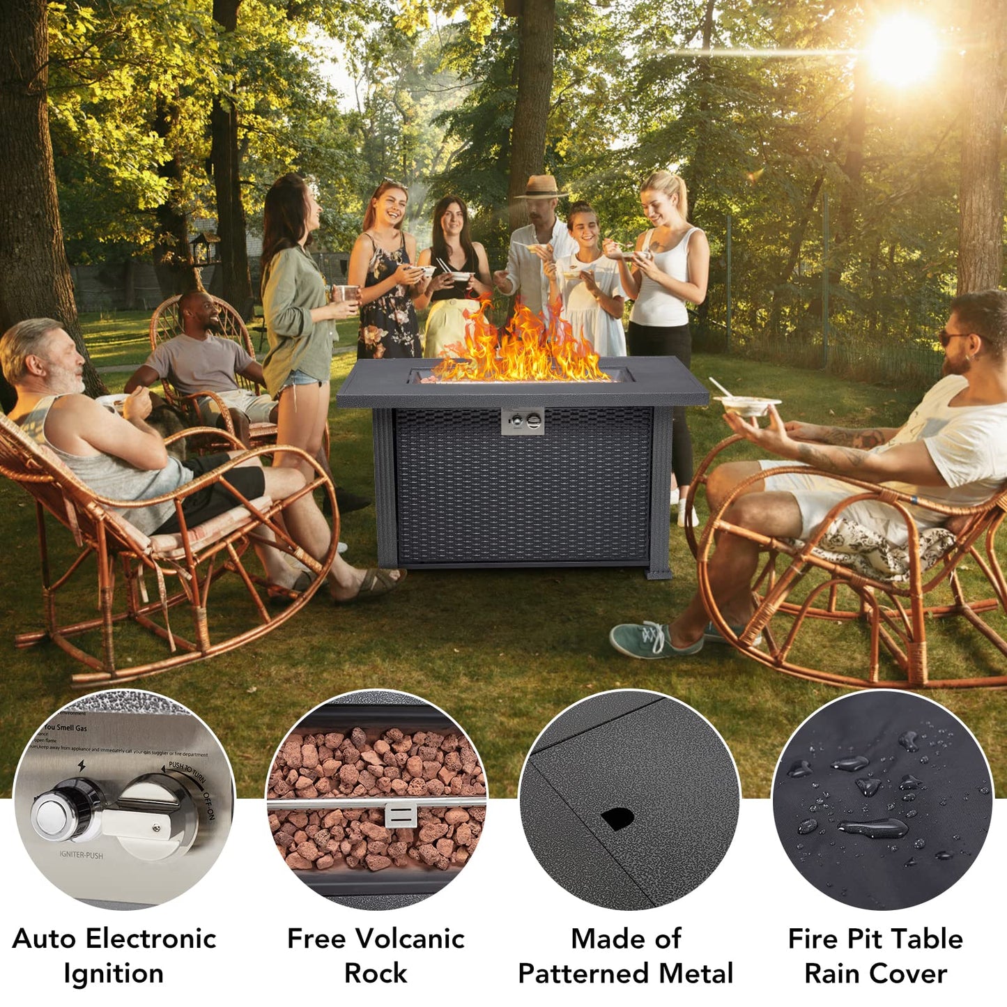 44 in Propane Fire Pit Table, 50000BTU Rectangle Fire Table with Cover & Rain Cover, Sturdy Steel and Iron Fence Surface, CSA Safety Certified, Companion for Your Garden