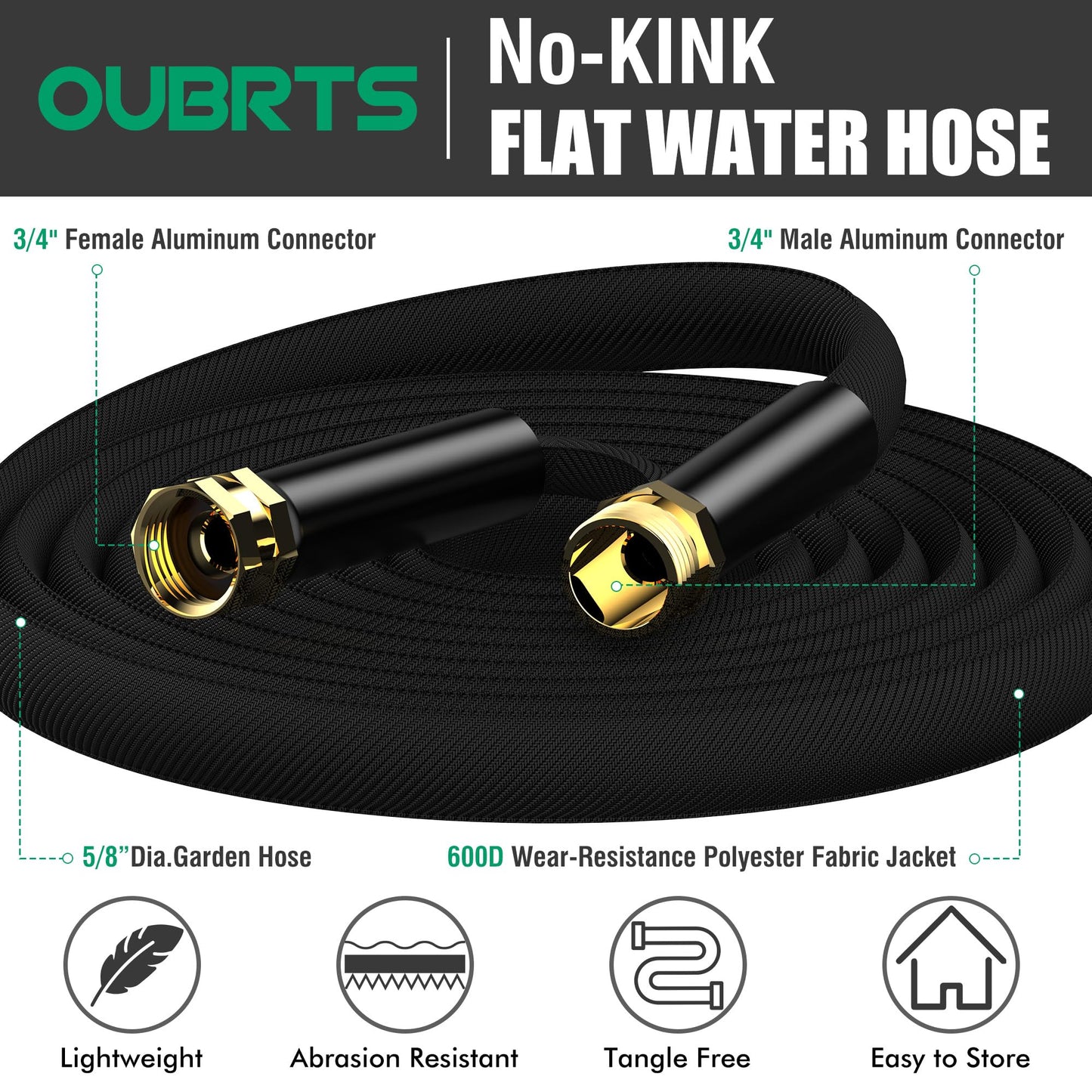 100FT Non-Expandable Garden Hose, Lightweight Flat Water Hose with 10-Function Spray Nozzle, 3/4" Metal Fittings, Kink-Resistant & Easy to Store for Garden, Yard, Car Wash (Black)