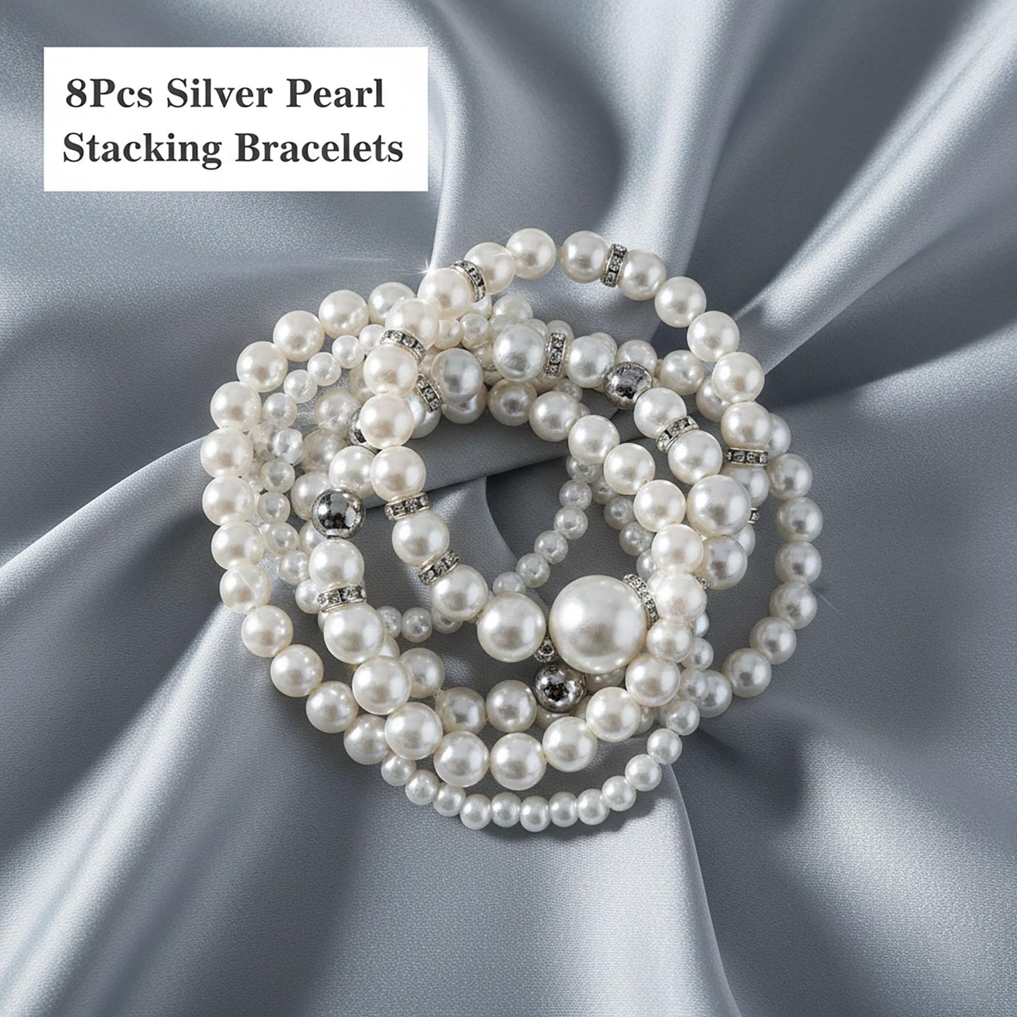 GIYAWA 8pcs Sliver Faux Pearl Bracelets for Women, Stackable Stretchy Bridal Jewelry Set, Elastic Layered Bracelets for Wedding Bridesmaid Party Prom Christmas