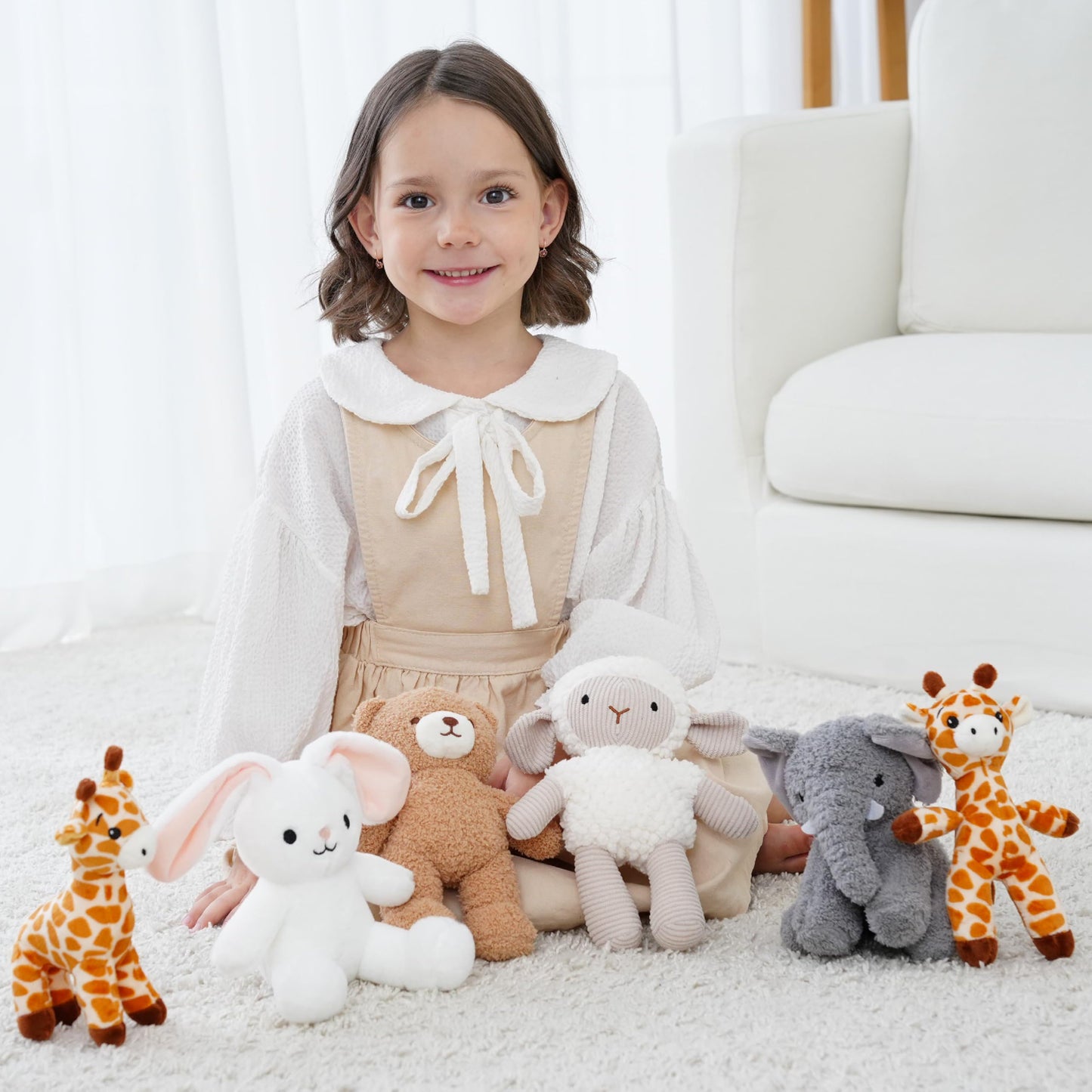 AmyToo 6 Pcs Stuffed Animals Bulk, 8 Inch Small Stuffed Safari Animals, Zoo Stuffed Animals Set (Sheep Elephants Bear Giraffe Bunny) Baby Shower Party Decor, Easter Gift for Classroom Kids, Girls