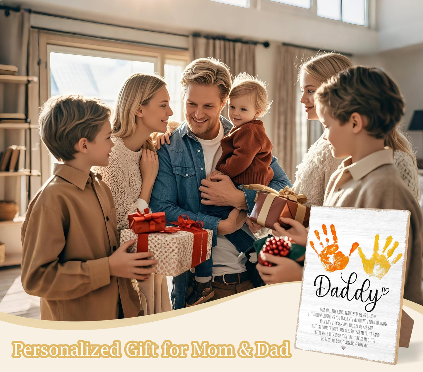Daddy Handprint Poem, 9x12 Inch Rustic Fathers Day Sign With Stand and Hook, DIY Craft Handprint Keepsake for Classroom Family Party Favors, Personalized Gifts for Dad from Daughter & Son