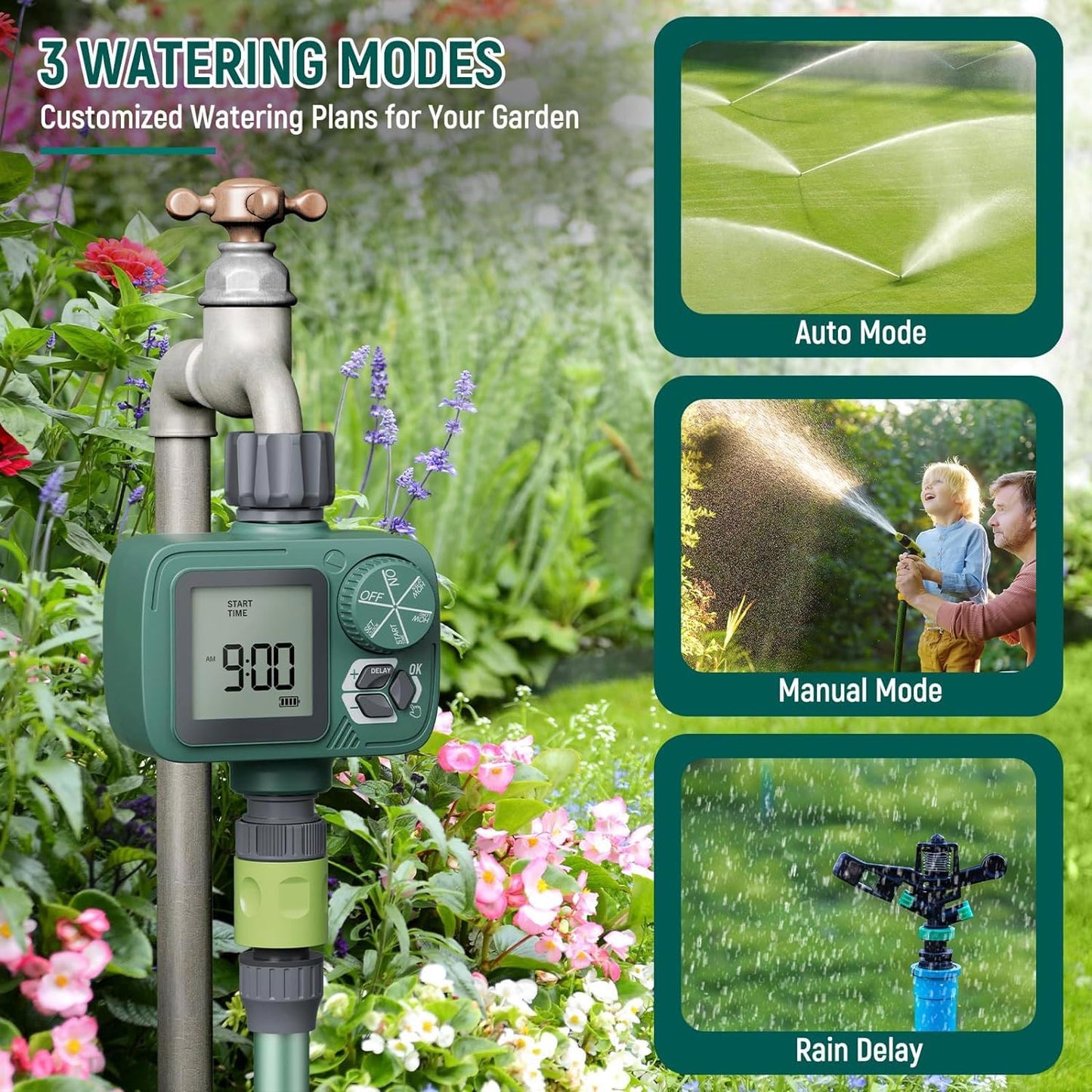 Sprinkler Timer: Programmable Hose Timer with Rain Delay/Manual/Automatic Watering System, Water Timers for Garden Hose, Digital Drip Irrigation for Yard Lawn Outdoor(1 Outlet)