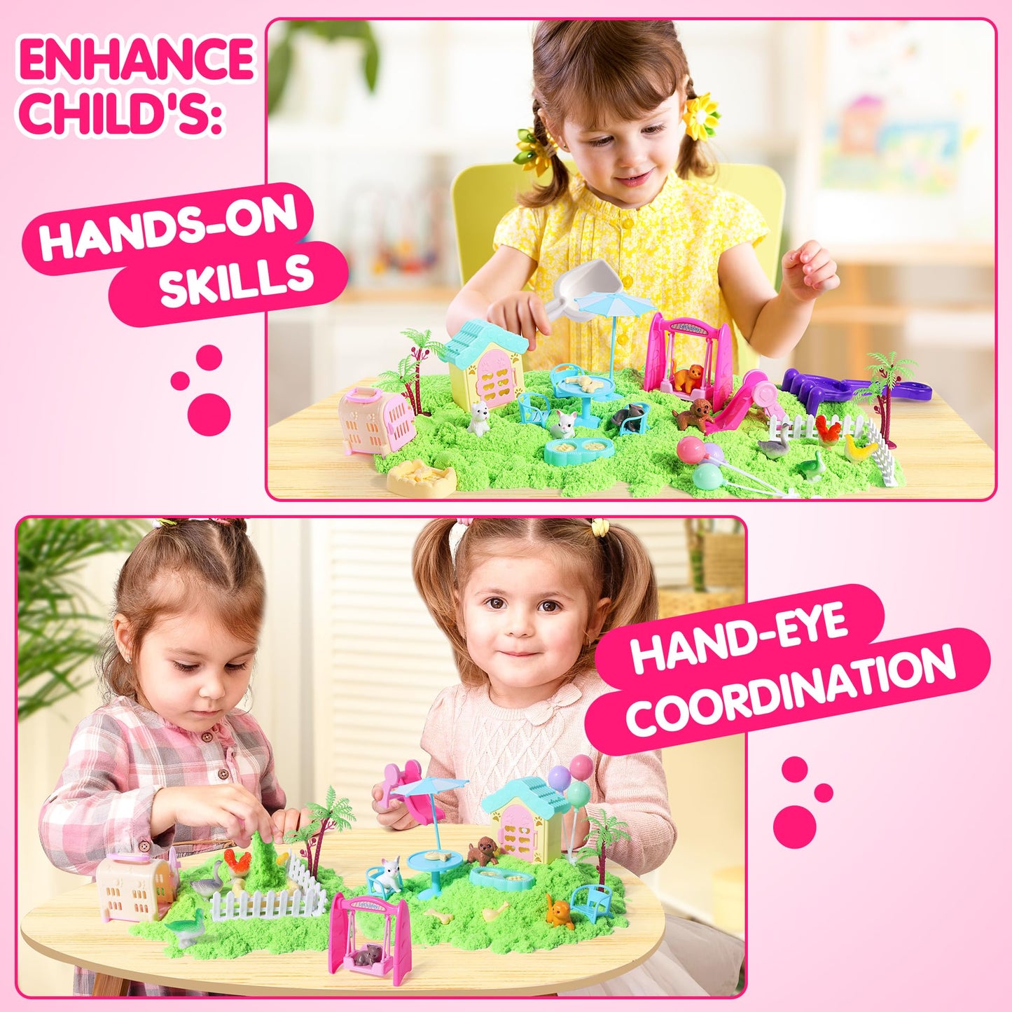 Billeeit Pet Sensory Bin Sand Toy with 2.2lbs Green Moldable Sand, Dog & Cat Play Sand Kit for Boys and Girls Including 28pcs Accessories Total, Sand Box Toys Gift for Kids 3+ Indoor Creativity