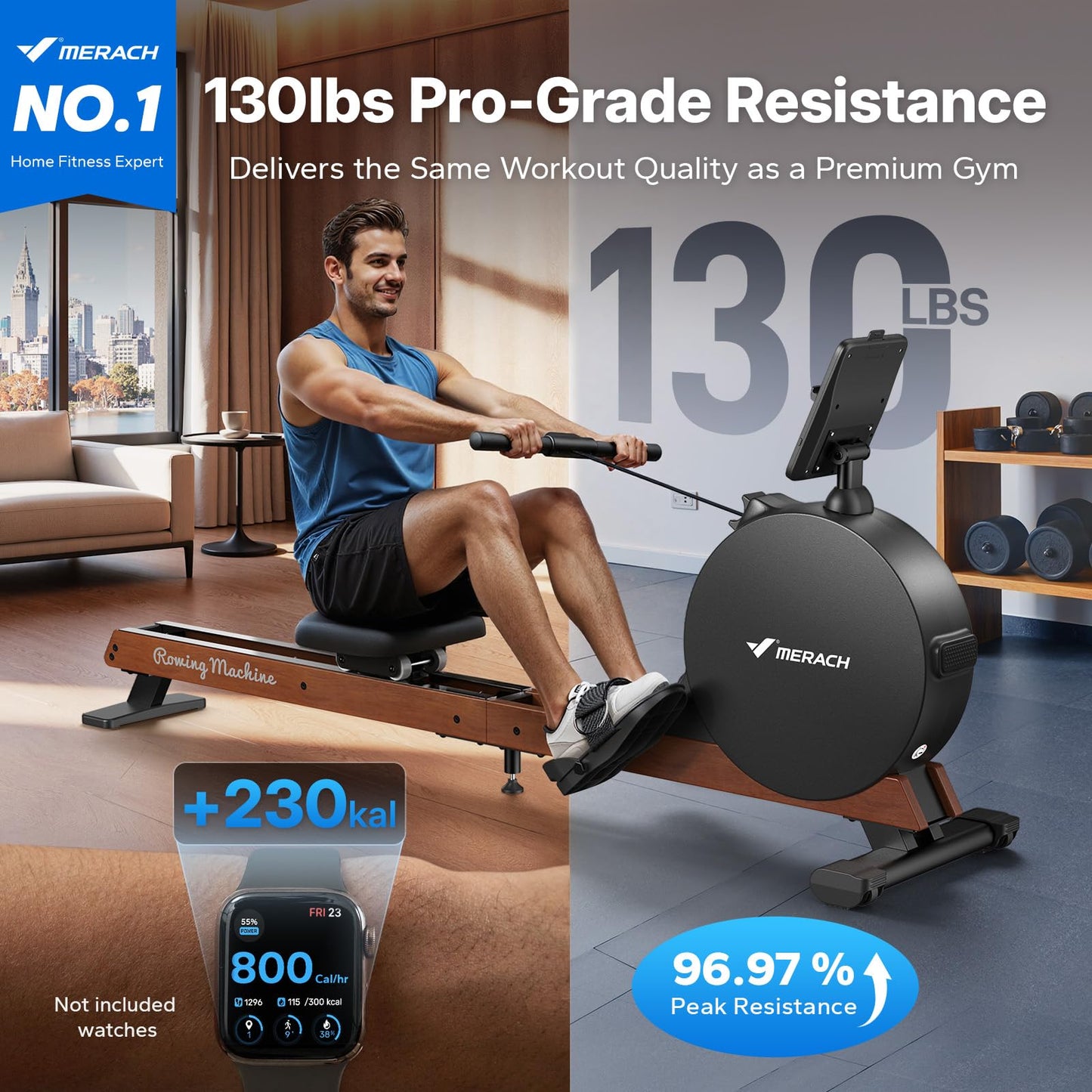 MERACH Pro-Grade Rowing Machines for Home, Smart Magnetic Rowing Machine with Self-Generation, Double Resistance and 400 LBS MAX Load, Wooden Tracks for Silent Sliding, MERACH App 1000+ Course & Games