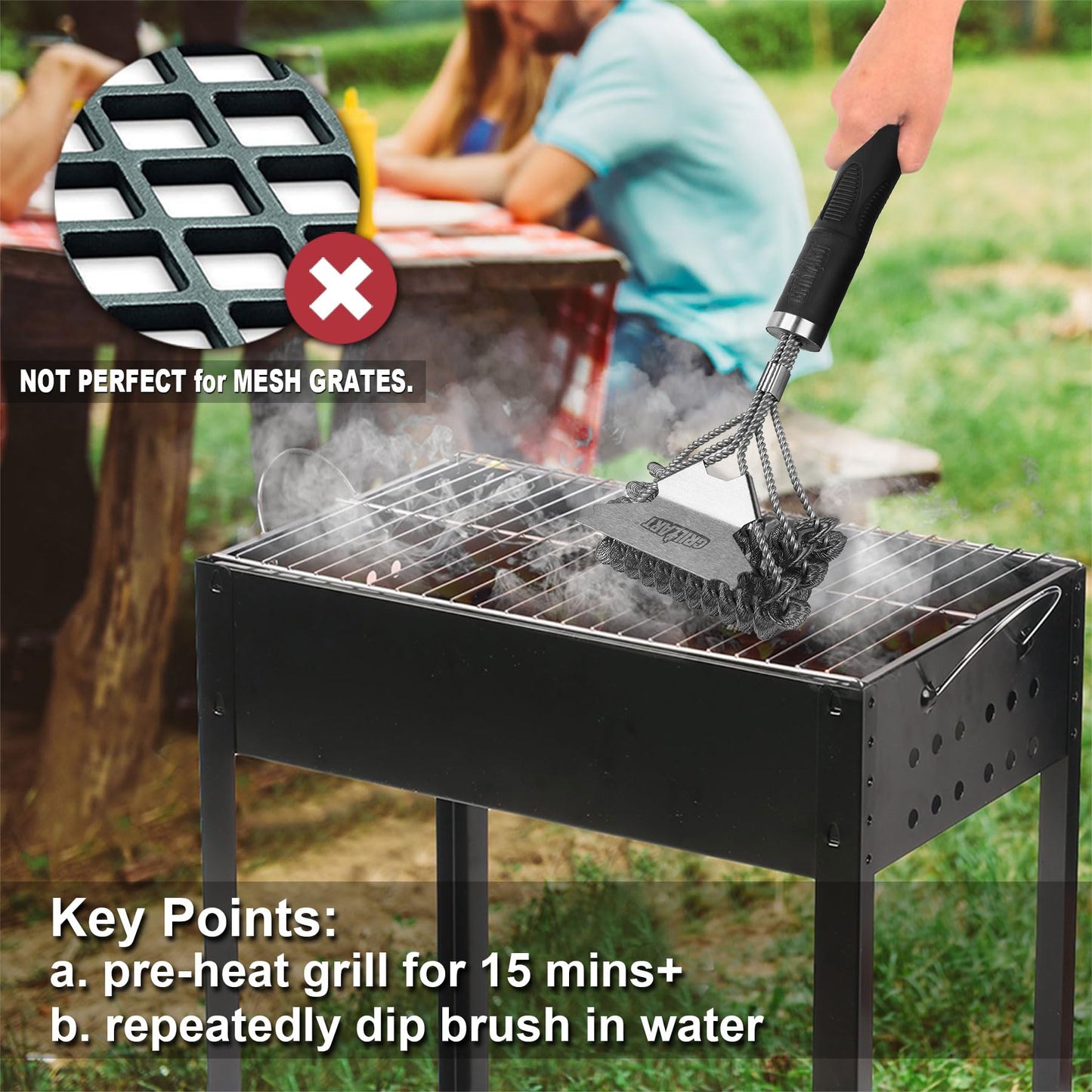Grill Brush and Scraper Bristle Free – Safe BBQ Brush for Grill – 18'' Stainless Grill Grate Cleaner - Safe Grill Accessories for Porcelain/Weber Gas/Charcoal Grill – Gifts for Grill Wizard