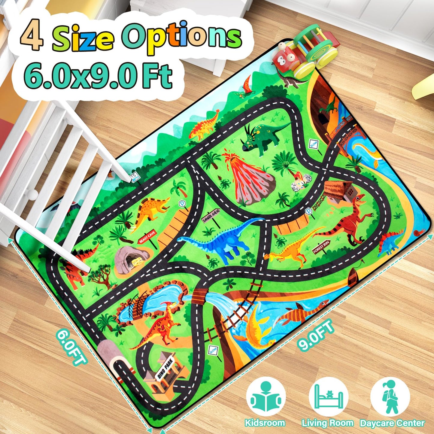 Diysani Kids Rug, Car Carpet for Kids' Toy Cars, 6x9 Ft Dinosaur Rug, Dino Safari Road Mat for Playroom, Educational Learning & Game Area Baby Play Mat Carpet for Children