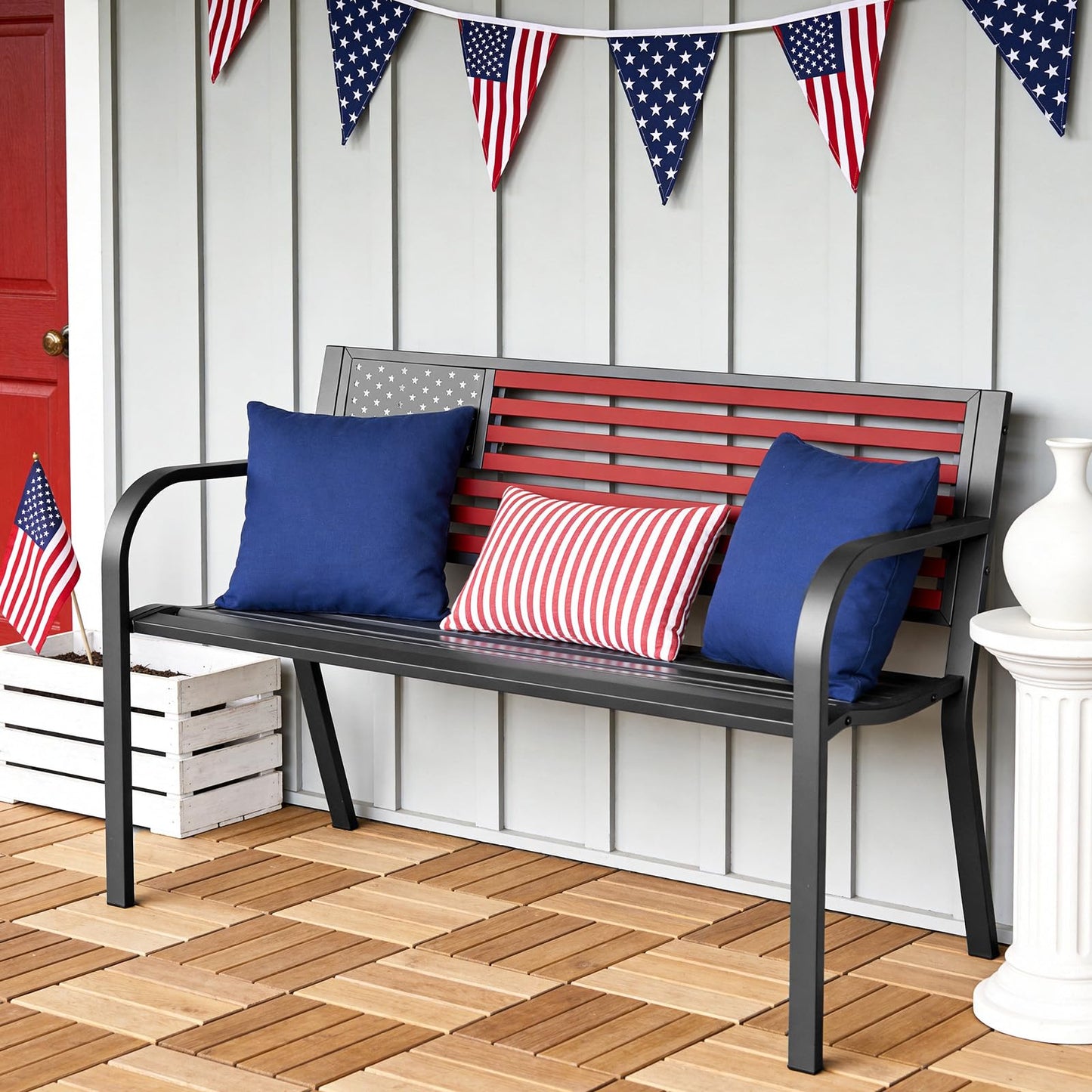 MAKE CHANGES Outdoor Bench, Sturdy Metal Garden Bench with Classic Stars and Stripes Design Metal Backrest, 2-Person Patio Bench for Outside Seating, Cast Iron Steel Porch Yard Lawn Furniture, Red
