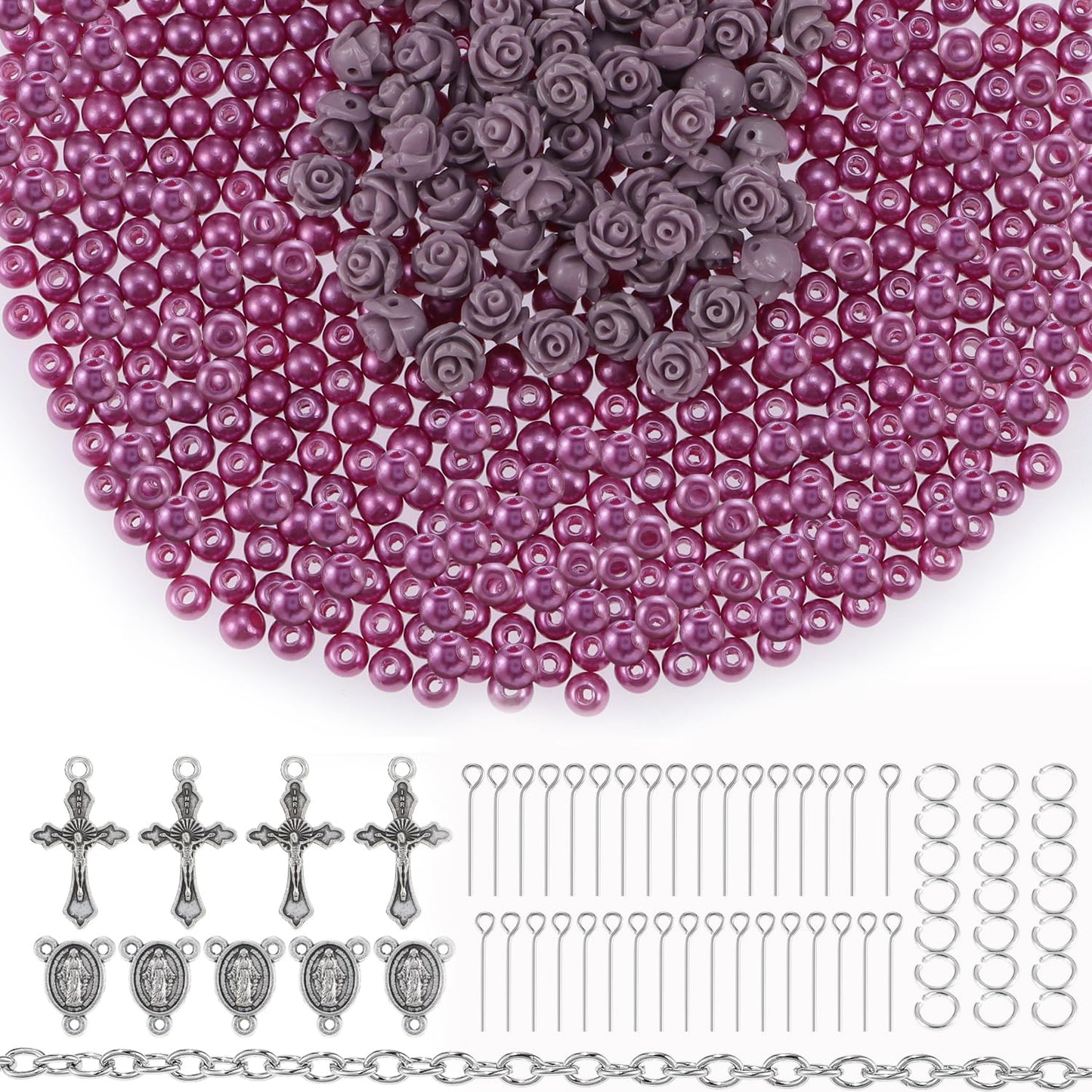 OEMOO 1410PCS Rosary Jewelry Making Kit Rosary Prayer Making Supplies Carved Rose Beads Cross Centerpiece Crucifix Medal, Silver Jesus Maria Pendant for Rosary Bracelet Necklace Jewelry (Purple)