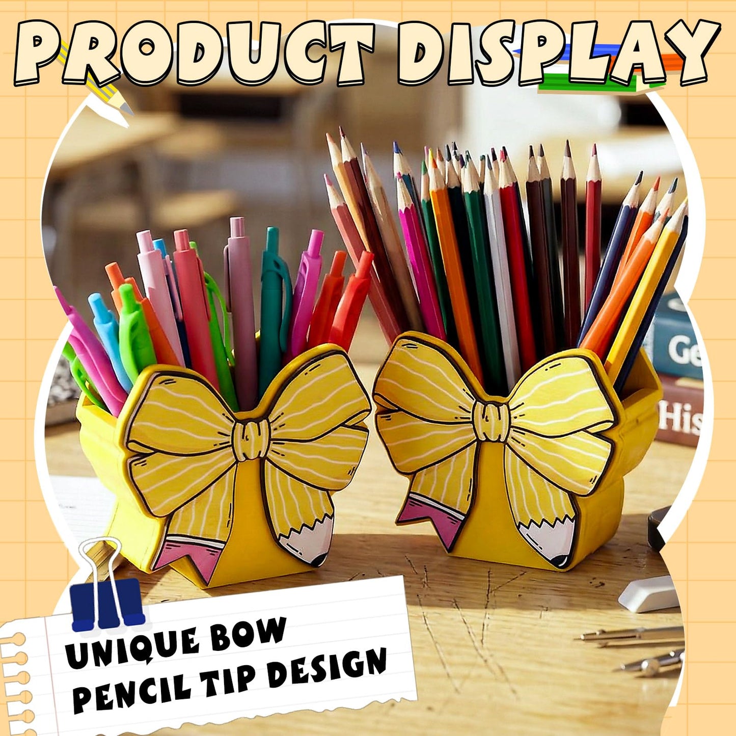 Marspark 2 Pcs Cute Bow Pencil Shaped Pen Holders for Desk Coquette Back to School Gifts Yellow Bow Pencil Organizer Teacher Appreciation Gifts for Women Makeup Brush Office Birthday Thank You Favor