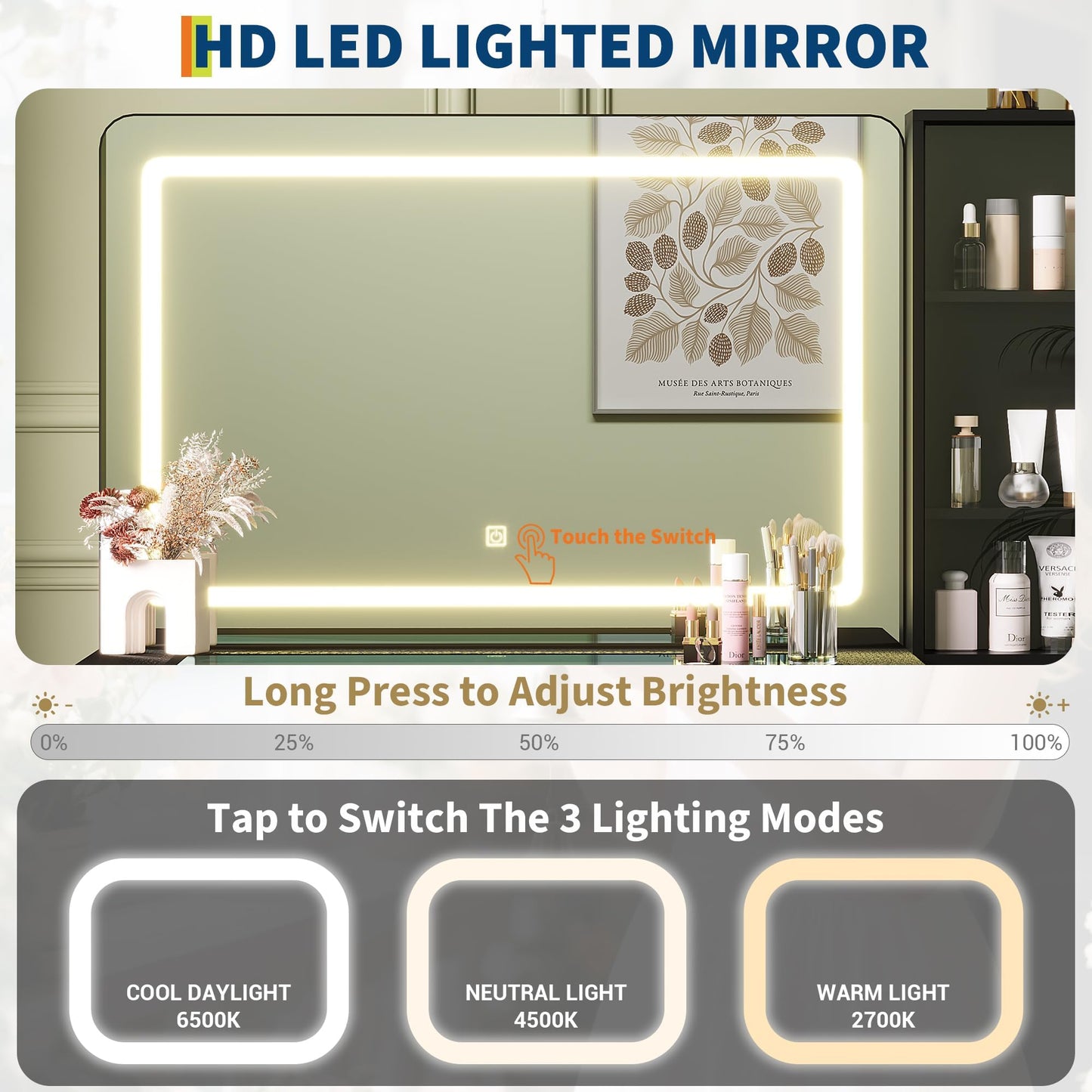 Makeup Vanity Desk with Large 36" Mirror and Lights, 48" Glass Top Big Vanity Table with 4 Drawers & Shelves, 3 Color Modes & Adjustable Brightness, Dressing Table with Charging Station & Soft Stool