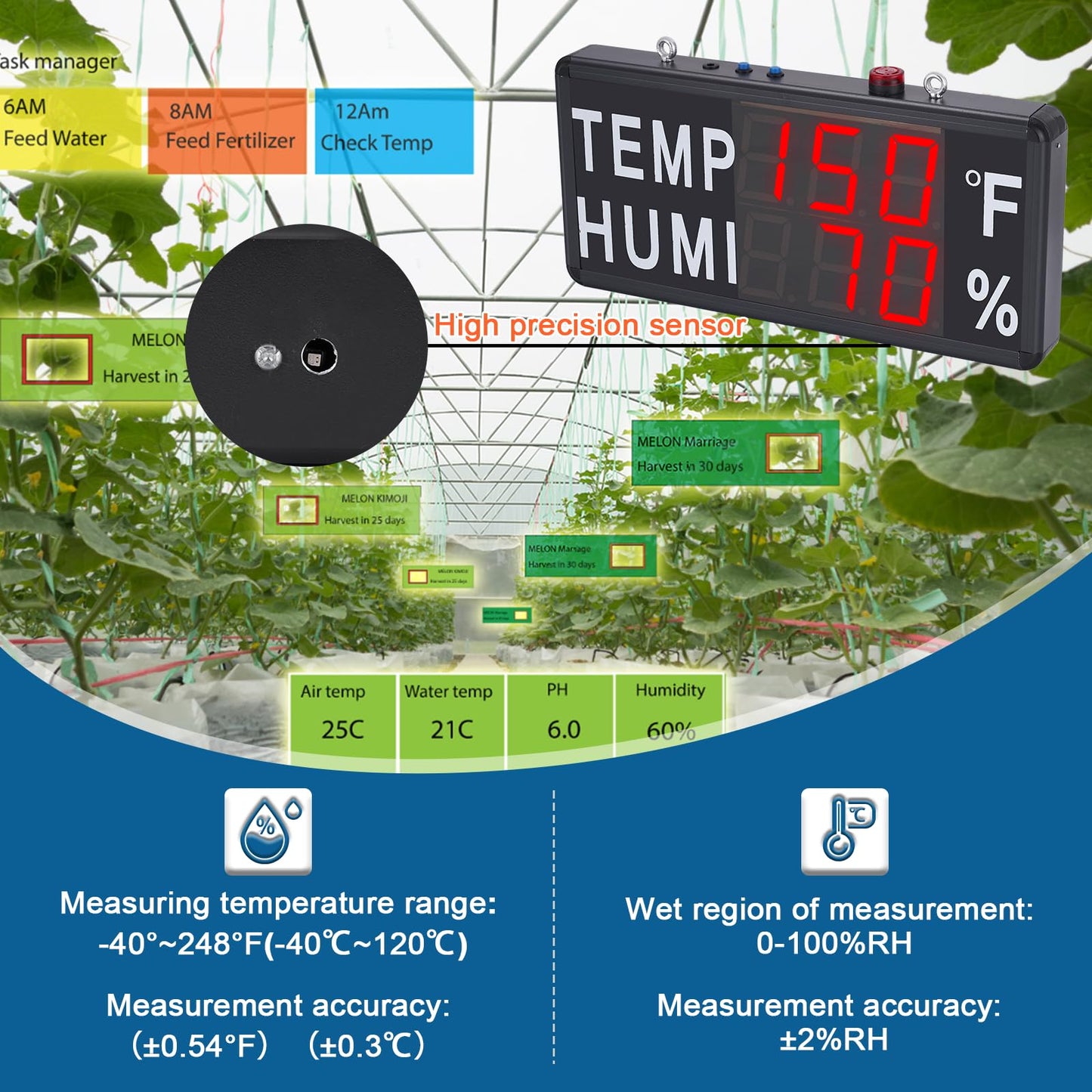 JIAWANSHUN 4" Large LED Digital Thermometer Hygrometer, -40°F-248°F & 0-100% RH, High Accuracy Humidity Temperature Monitor with Alarm for Farm, Pet House & Greenhouse