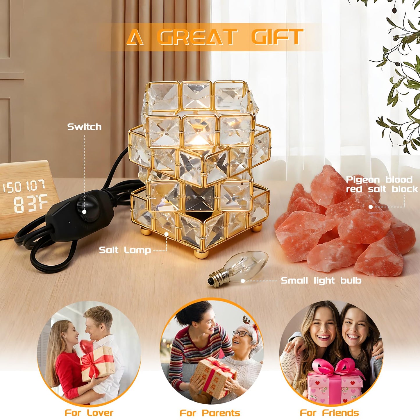 Natural Himalayan Pink Salt Lamp, Dimmable Single Lighting, Plug-in Powered, Crystal Salt Rock Lamp, Glow Night Light for Bedroom Office, UL & ETL Certified Cord (Crystal Crown)