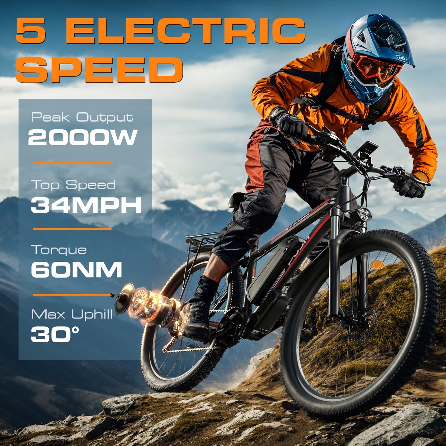 PUJH 2000W Peak Electric Bike for Adults, 48V 17.5Ah 840Wh 29'' Tires Max 32 mph 30-80 Miles Range City Commuting Class3 Ebike Front Suspension Disc Brake for Off-Road Riding (Black&Red)