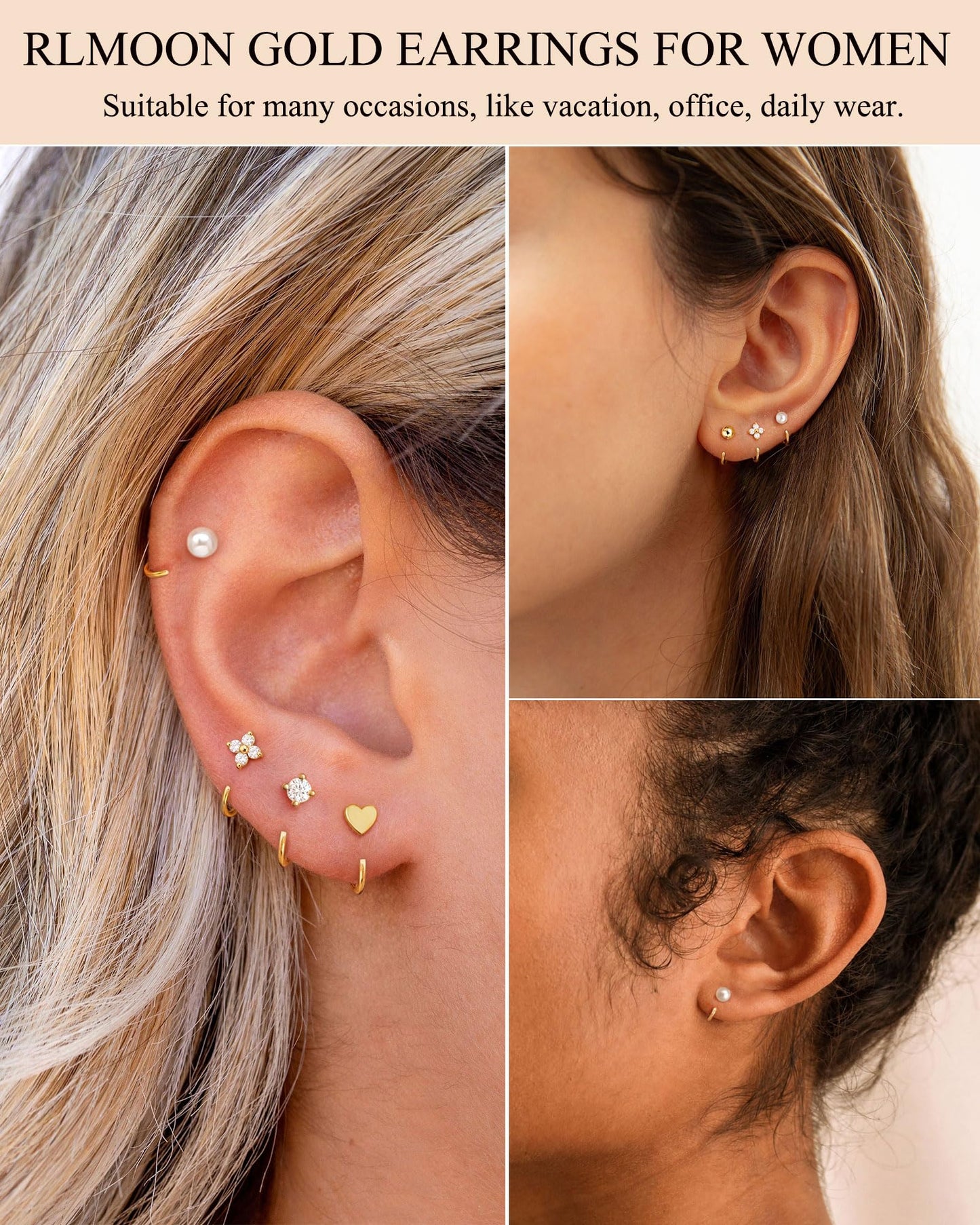 RLMOON Backless Earrings Gold Huggie Half Hoop Earrings for Women 14K Gold Plated Stay Close Hoop Earrings No Back Comfort Fit Hypoallergenic Stackable Earrings to Sleep in