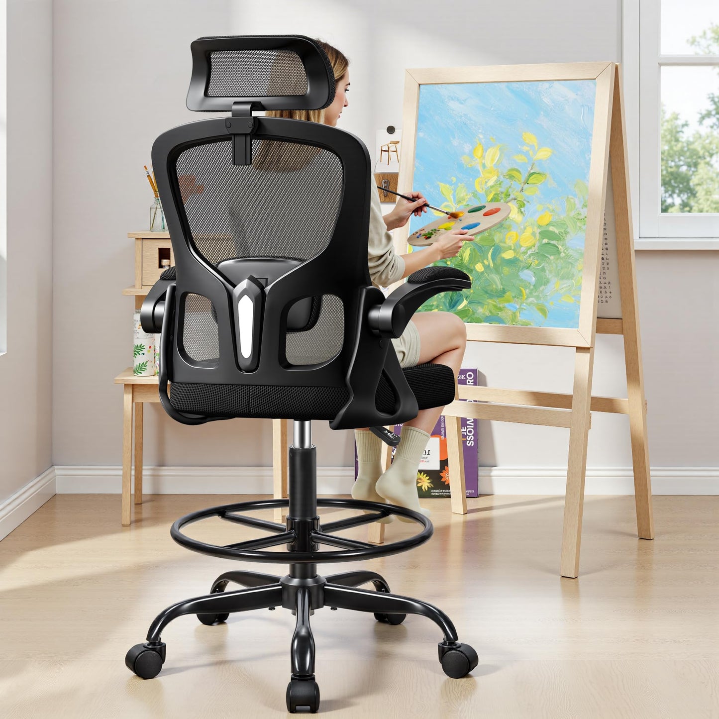 FINATI Drafting Chair, Tall Office Chair for Standing Desk, Ergonomic High Back with Headrest, Lumbar Support, Foot Ring and Flip-up Armrests, Black