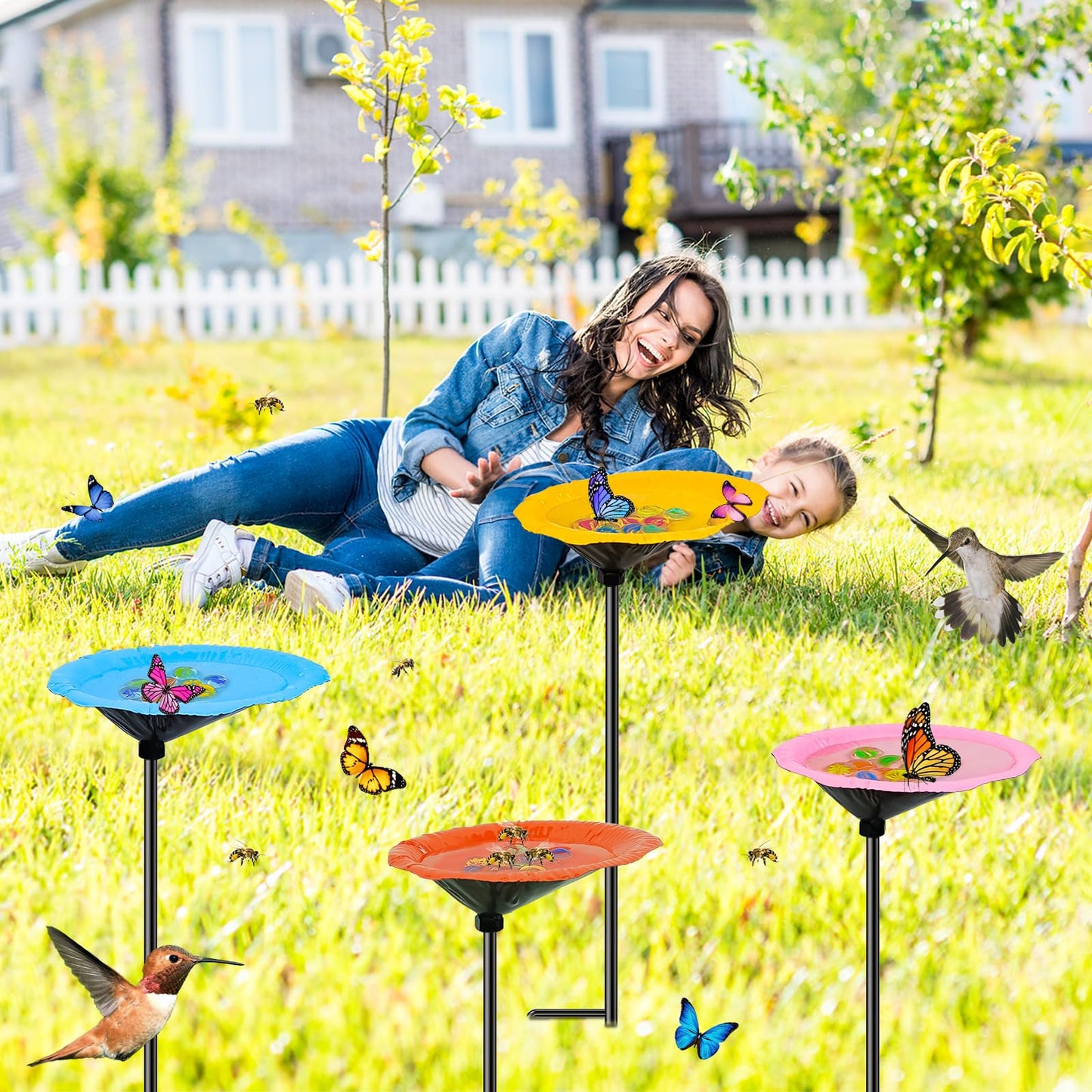 MeyRolizn Metal Bee Watering Station for Outside, 4Pack Butterfly Water Feeder with Glass Marbles, Butterfly Bath Garden Stake for Outdoor Garden Yard Patio Decor (Colourful-A)
