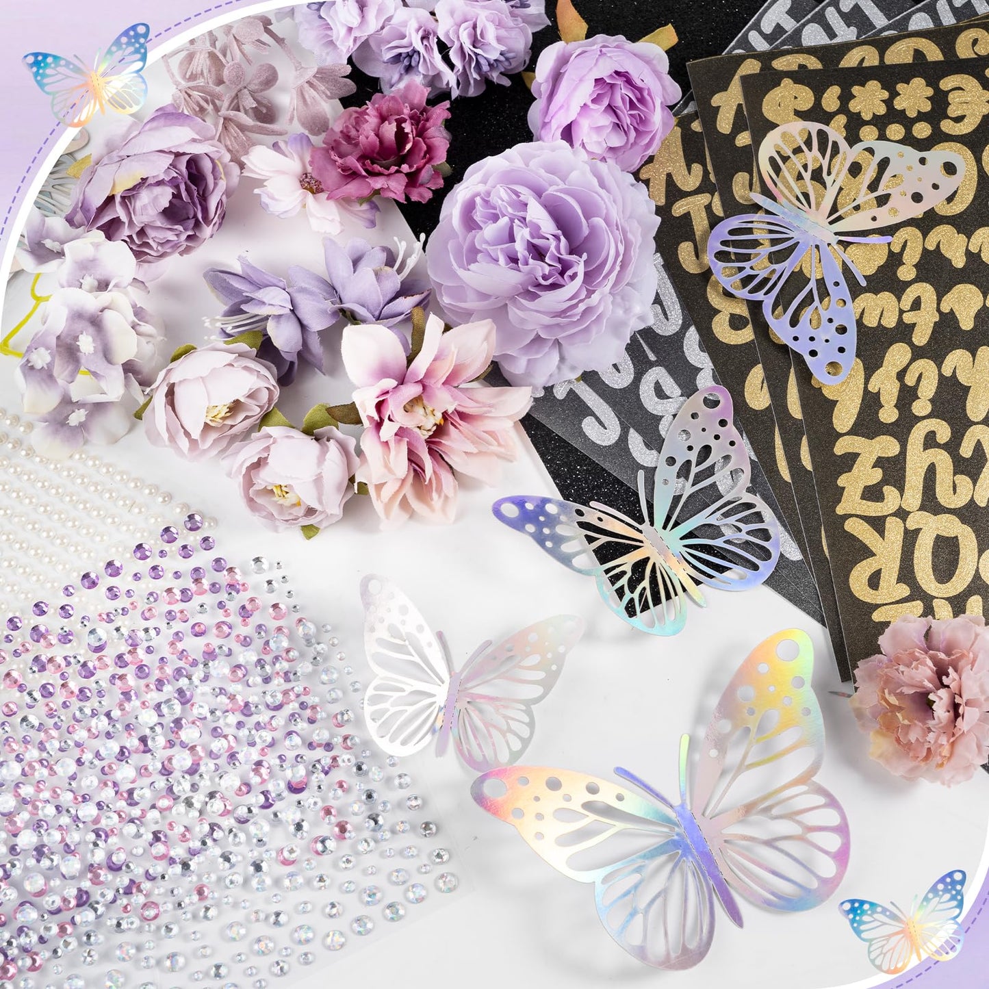 DIY Graduation Cap Decoration Kit, Purple Grad Cap Topper Supplies with Faux Flowers, 3D Butterflies, Rhinestones, Pearl Stickers, Alphabet Stickers and Glitter Paper for 2025 Graduation Party Decor