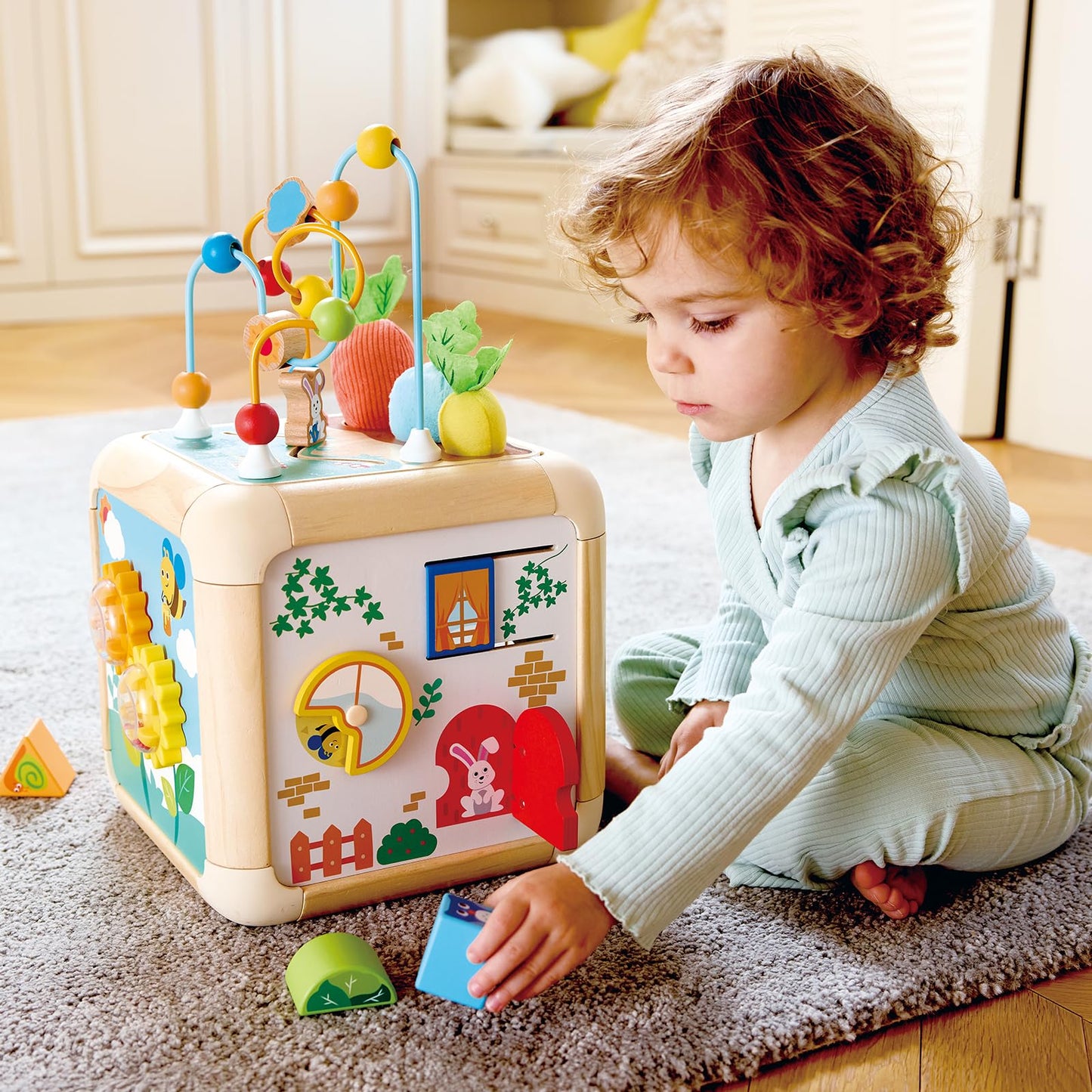 Hape Green Thumbs 6-in-1 Wooden Activity Cube for Toddlers - Nature-Themed Educational Toy with Bead Maze, Shape Sorter & Sensory Carrots - Montessori Learning Gift for Baby Boys & Girls