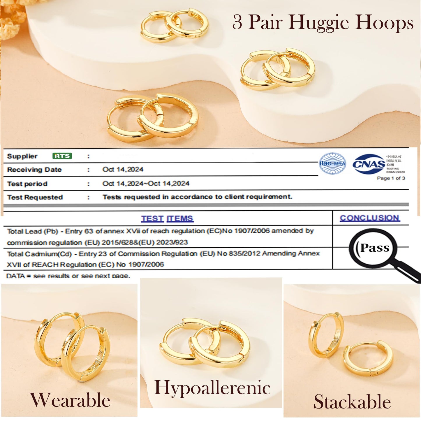 DORANA 3 Pair Small Gold Hoop Earrings Set for Women 925 Sterling Silver Huggie Earrings Non Tarnish Small Cartilage Hoops Stackable Earring Stacks Sets for Multiple Piercing