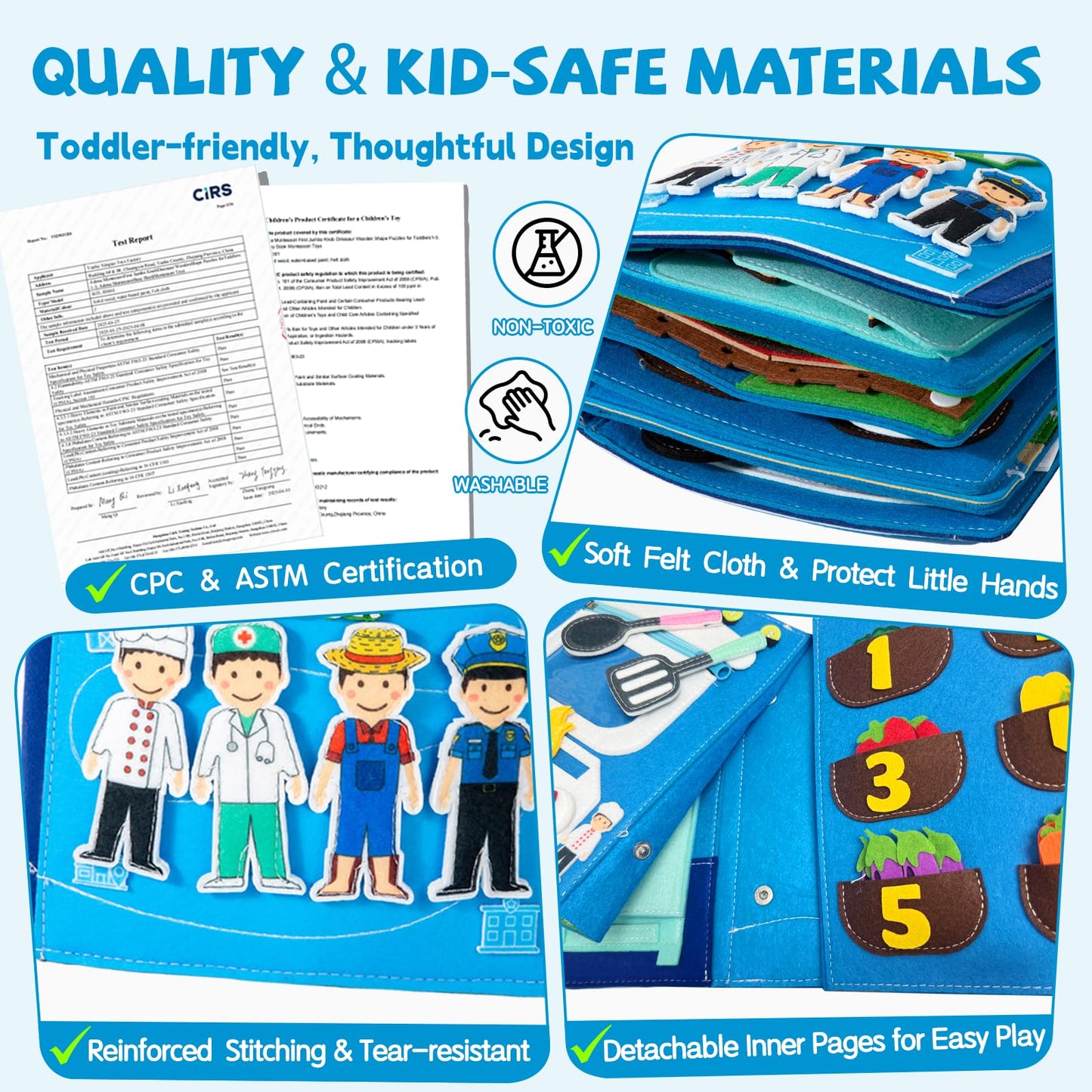 YunHe XinQiao Toys Factory My First Busy Book for Toddlers 3-5, Montessori Quiet Book with Life Skills Activities, Sensory Activity Book for Kids, Travel Toy for Airplane, (4 Career Roles)