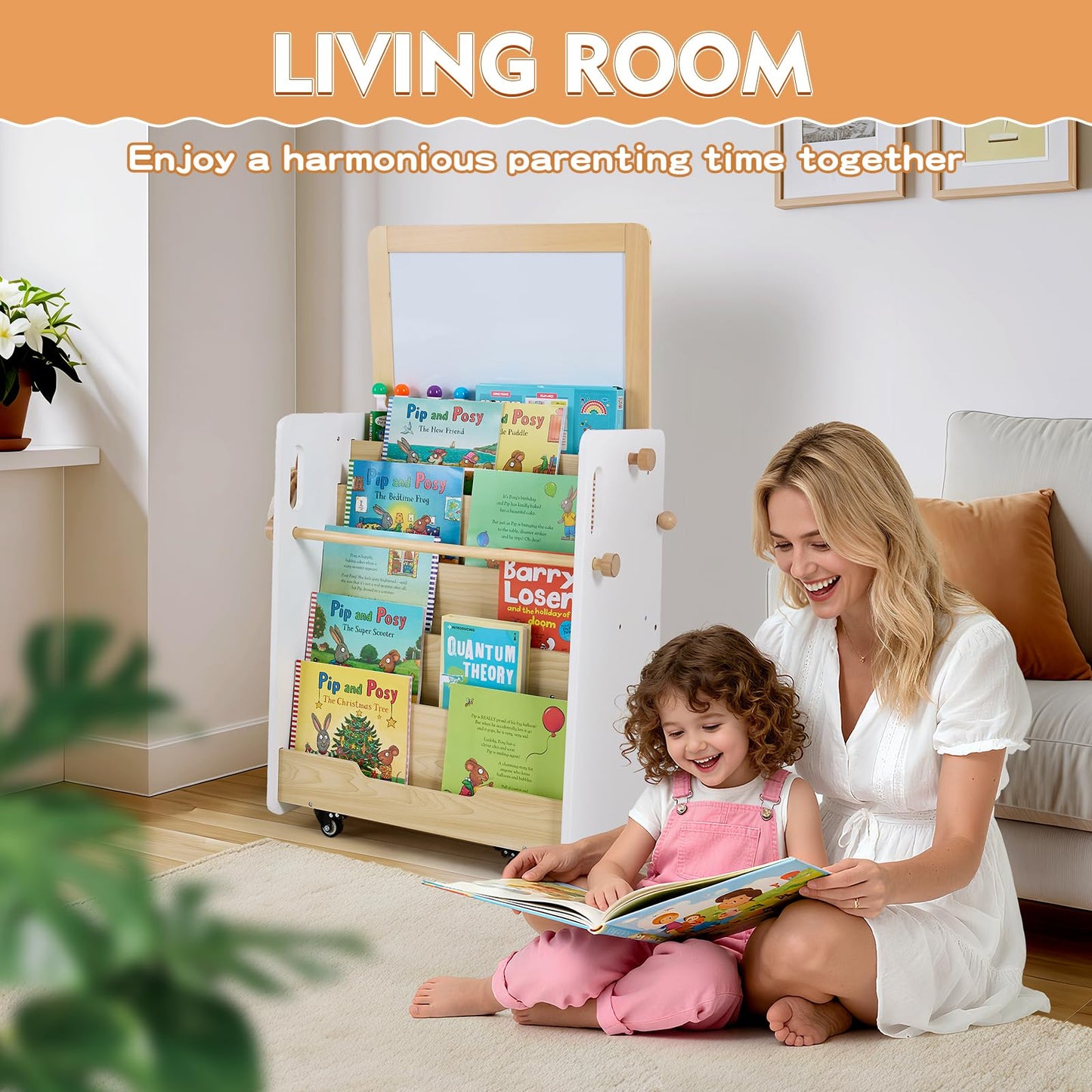 Kids Bookshelf & Easel & Toys Storage Organizer with Wheels, 3-in-1 Wooden Art Easels with Chalkboard & Whiteboard for Toddlers, 5-Tier Montessori Book Shelf for Kids Rooms, Bedroom, Nursery, Playroom