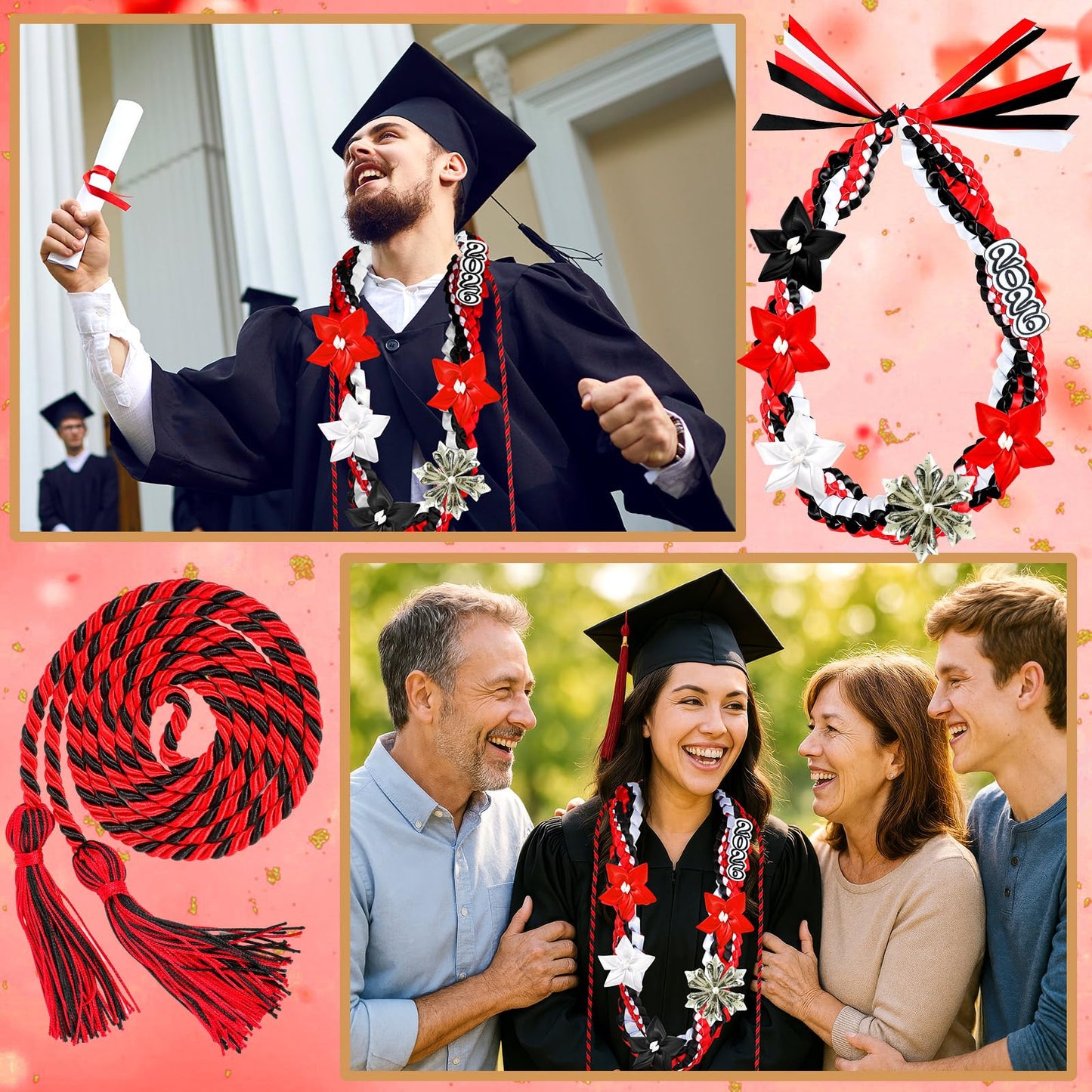 Craftsatin 2026 Graduation Money Leis with Honor Cord Class of 2026 Graduation Ribbon Money Leis Double Braided Handmade Necklace Kit for for High School College Grad Party Supplies(Red Black)