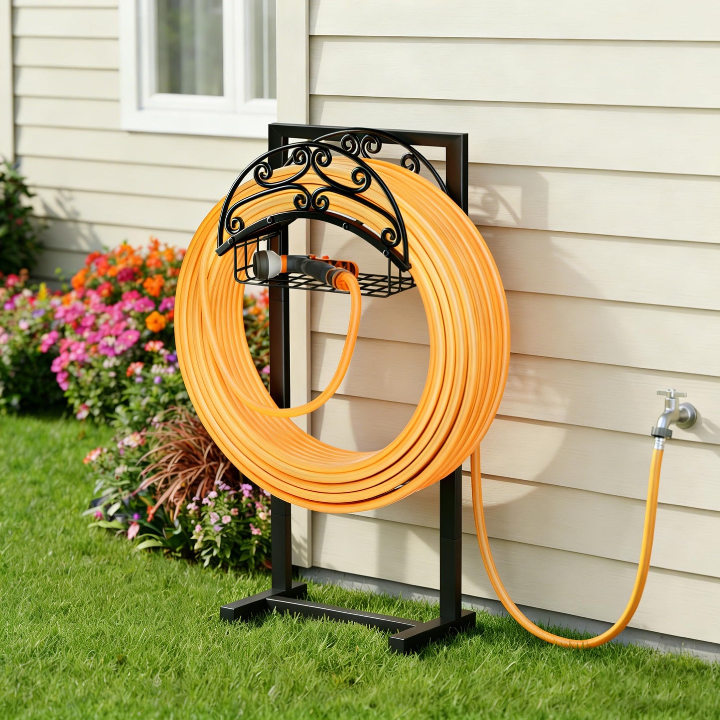 Gayuteay Garden Hose Holder – Upgraded Water Hose Stand with Storage Basket Holds 151ft, Heavy Duty Freestanding Garden Hanger Storage Rack for Outside Yard Lawn Farm