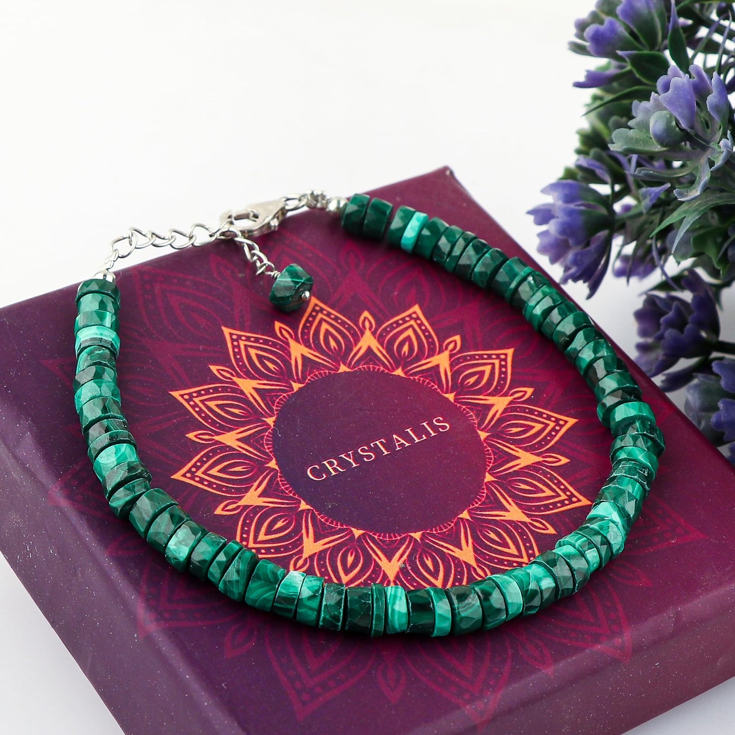 CRYSTALIS Natural Green Malachite Beaded Bracelet, Facet Wheels, Elegant Beads Crystal, Chakra Bracelet, Healing Bracelet, Gemstone Jewelry, 925 Sterling Silver 8 inch