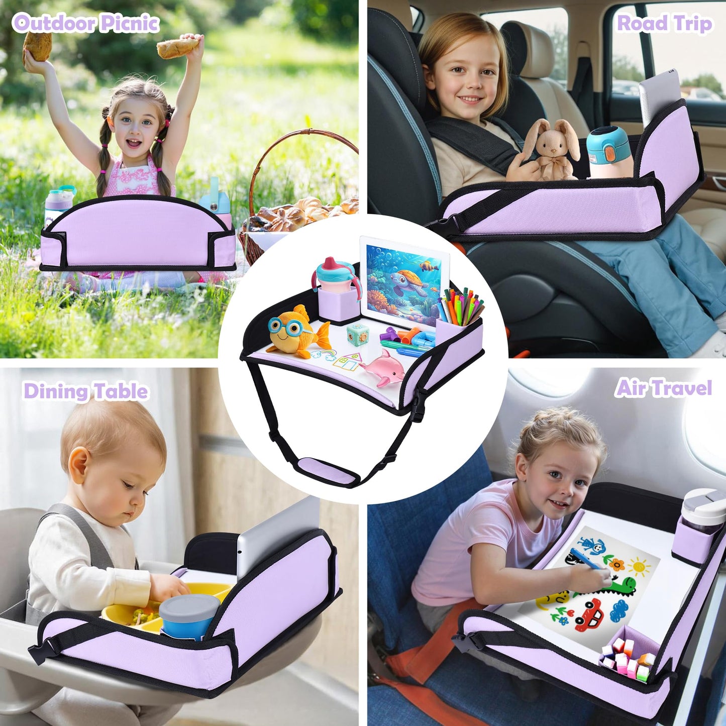 AZAMIA Kids Travel Tray for Toddler Carseat, Road Trip Activities Essentials for Toddler, Kids Lap Desk Tray with Tablet Holder Stand & Dry Erase Board (Purple)