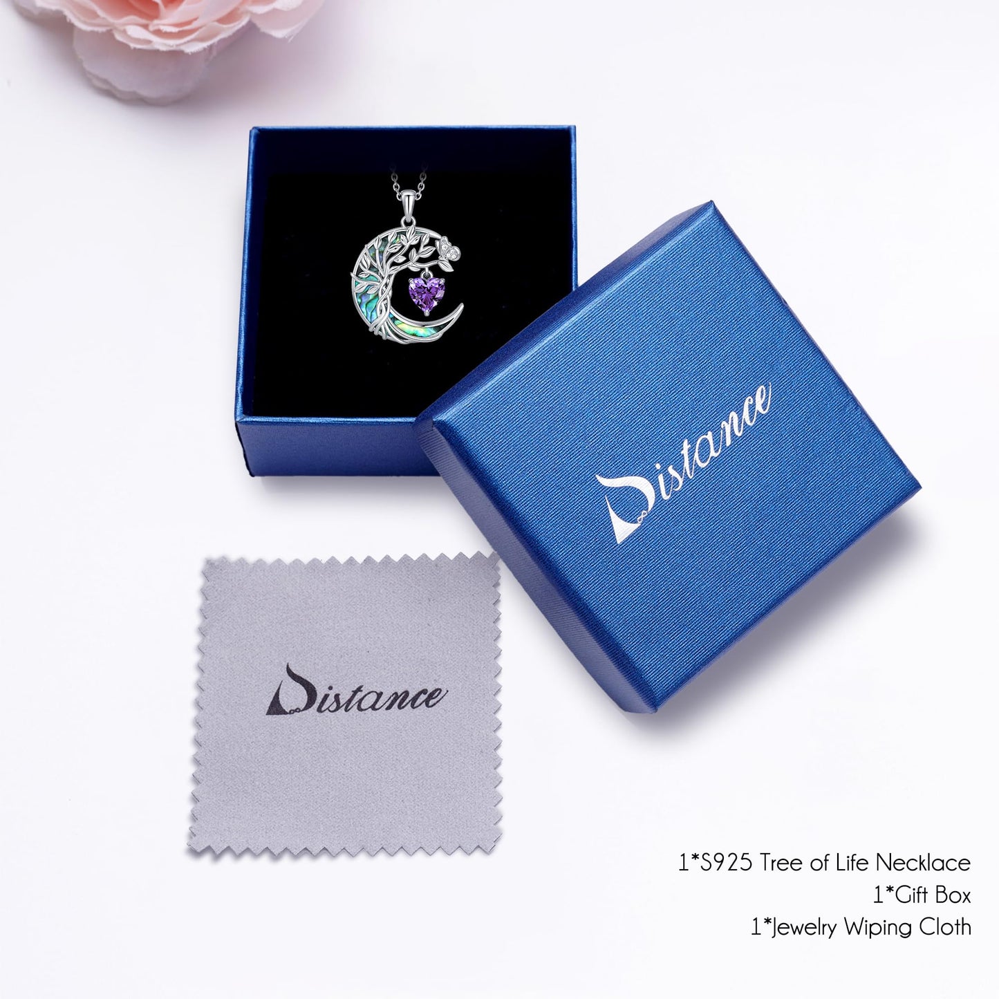 Distance Tree of Life Birthstone Necklace for Women, S925 Sterling Silver Premium Abalone Shell Moon Pendant February Heart Birthstone Necklace, Amethyst Jewelry Christmas Birthday Gifts for Her Wife