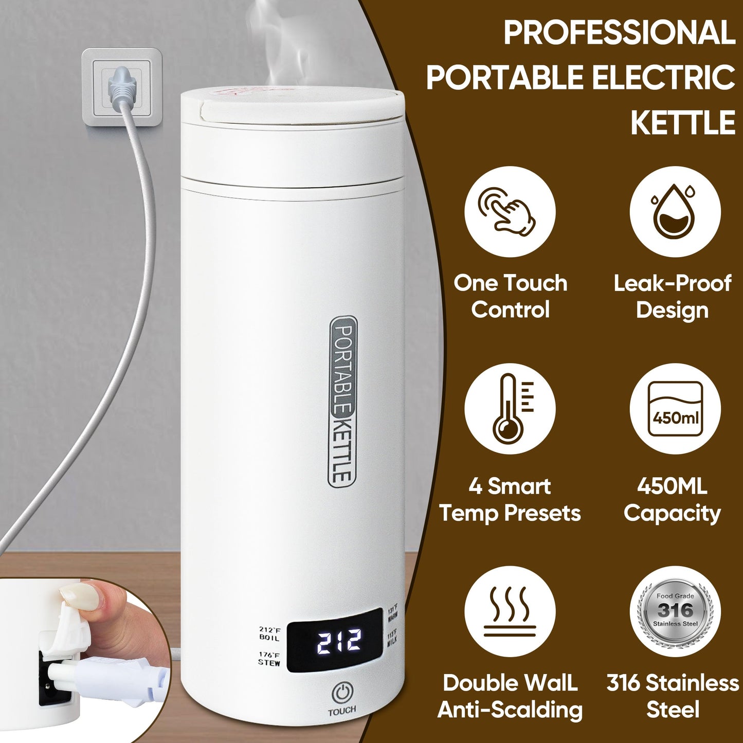 Travel Electric Kettle Portable Smart Hot Water Boiler Tea Coffee Heater 450ML, 316 Stainless Steel, 4 Temperature Control LCD Display Fast Boiling Water Auto Shut-Off Boil Dry Protection (White)