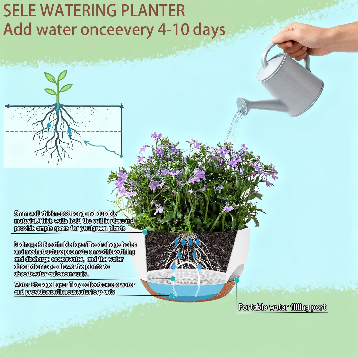 zople Set of 2-8 Inch Self Watering Hanging Planters for Indoor Outdoor,Hanging Plant Pots with Drainage & Removable Tray, Hanging Pots Holder for Ivy, Pothos, Ferns, Balcony & Patio, White Brown