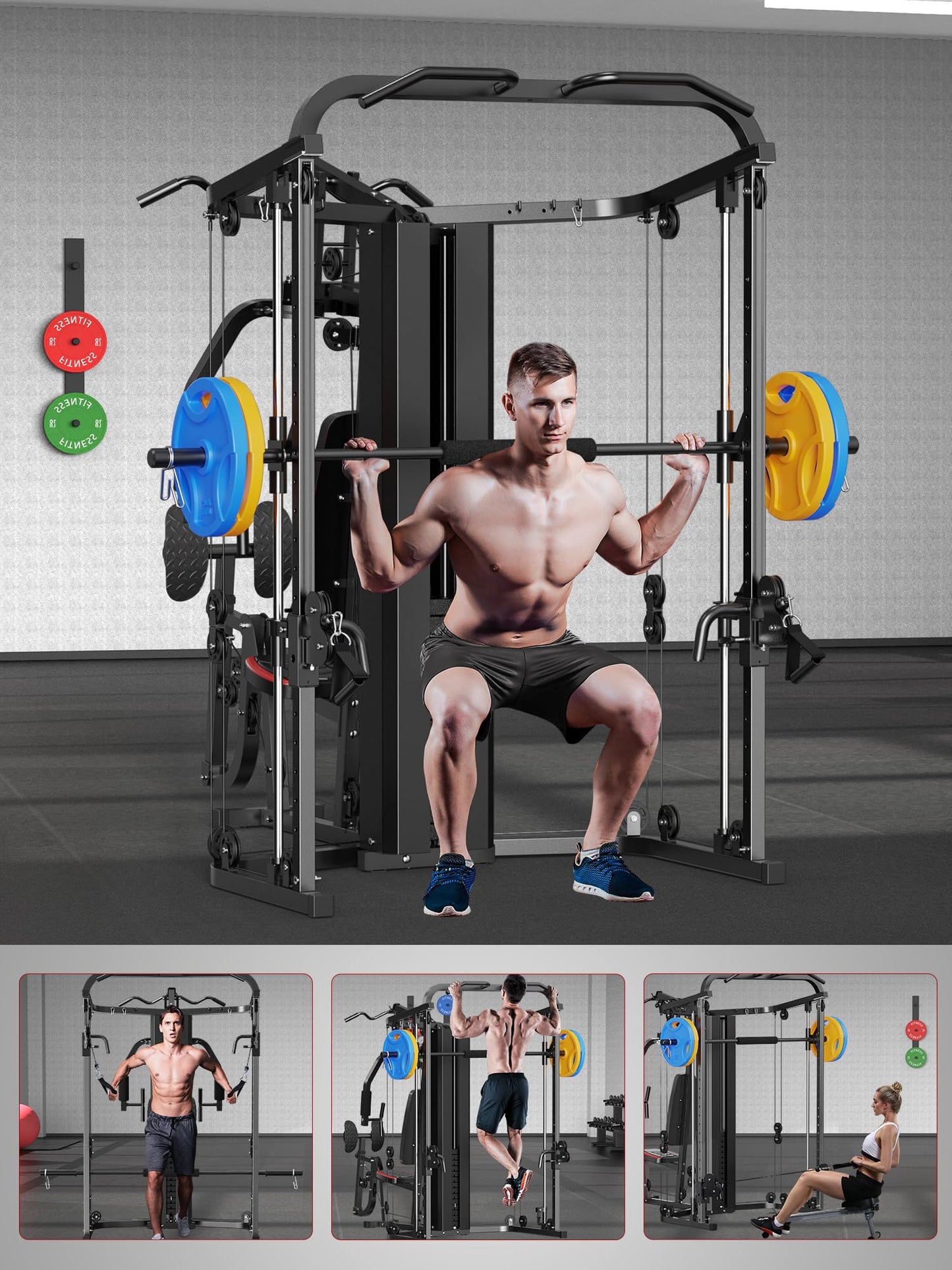 SunHome Multifunction Home Gym Equipment Workout Station, Smith Machine with 138LB Weight Stack and Bench, Leg Press, LAT Station for Full Body Training