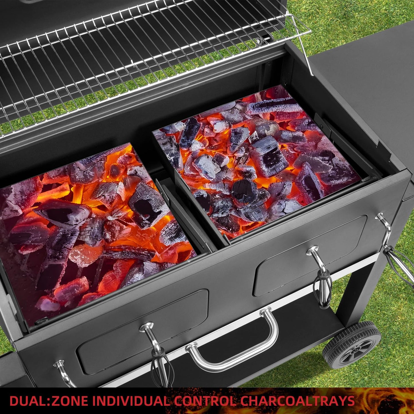 Kenadne Charcoal Grill Outdoor BBQ Grill, Extra Large Cooking Area 794 Square Inches with Two Adjustable & Individual Charcoal Tray, Foldable Side Tables for Outdoor Cooking grill Backyard