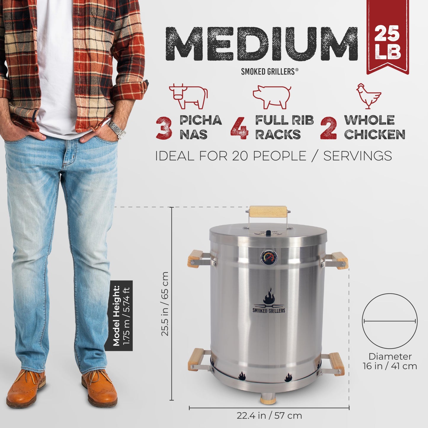 Smoked Grillers Barrel Smoker Grill Combo | 100% 304 Stainless Steel Barrel | 95% Less Smoke, Even Heat | Easy to Use & Clean โ Vertical Smoker Ideal for Balconies and Backyards (MEDIUM-25 LBS)