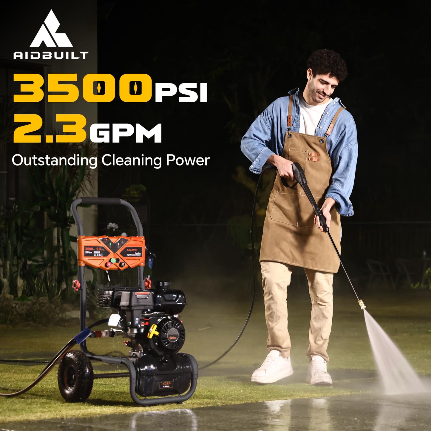 AidBuilt 3500 PSI Gas Pressure Washer, 2.3 GPM High Power Washer with 209CC Engine, 25FT Hose, 4 Quick-Connect Nozzles, for Cleaning Walls, Vehicles, Gardens, Driveways, Concrete(Orange)
