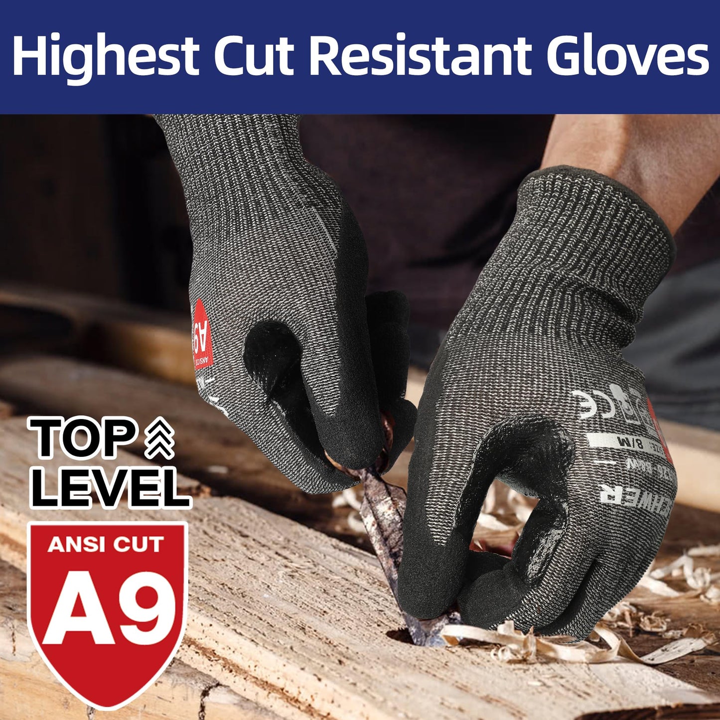 Schwer ProGuard High Level Cut Resistant Work Gloves PR3326 for Extreme Protection,ANSI A9 Cut Gloves with Reinforced Thumb, Non Slip, Breathable, Durable, Touch-screen, Black 1 Pair(L)