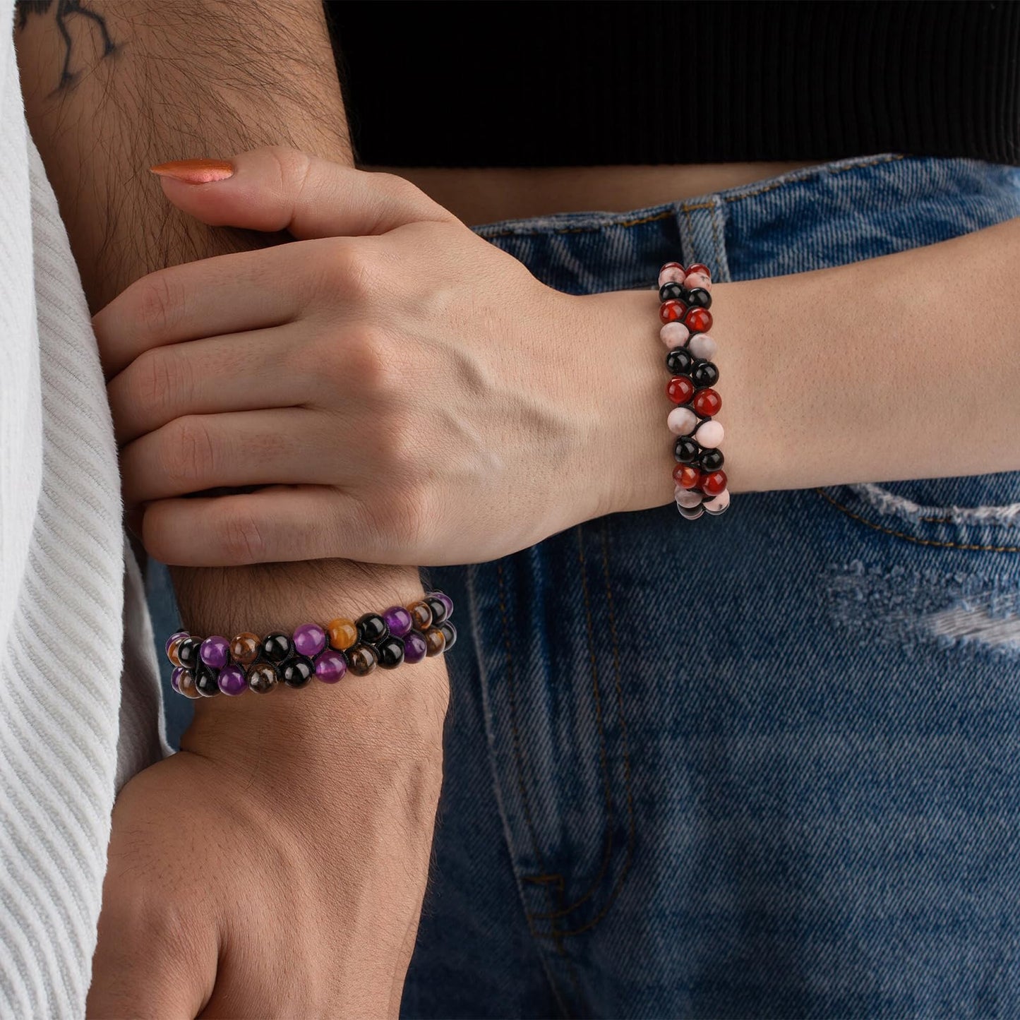 Raicegs New Beginnings Bracelet Natural Stones Black Tourmaline Tiger Eye Amethyst Beaded Bracelet for Men Women Healing Crystal Bracelet