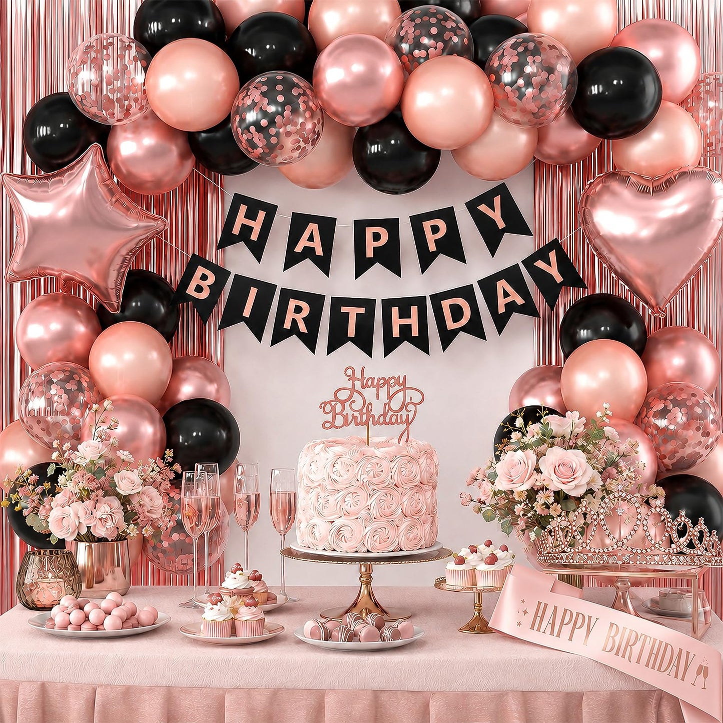 Black Rose Gold Birthday Decorations for Women Girls,Rose Gold Latex Balloons with Happy Birthday Banner,Fringe Curtain,Cake Topper,Sash and Crown for Birthday Party Supplies