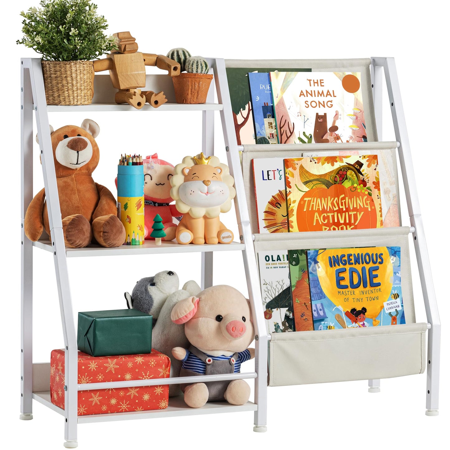 FURNIinspire 3 Tier Kids Bookshelf, Toddler Toy Storage Organizer for Kids Room, Bedroom, Playroom and Nursery, Non-Slip Metal Shelves, White