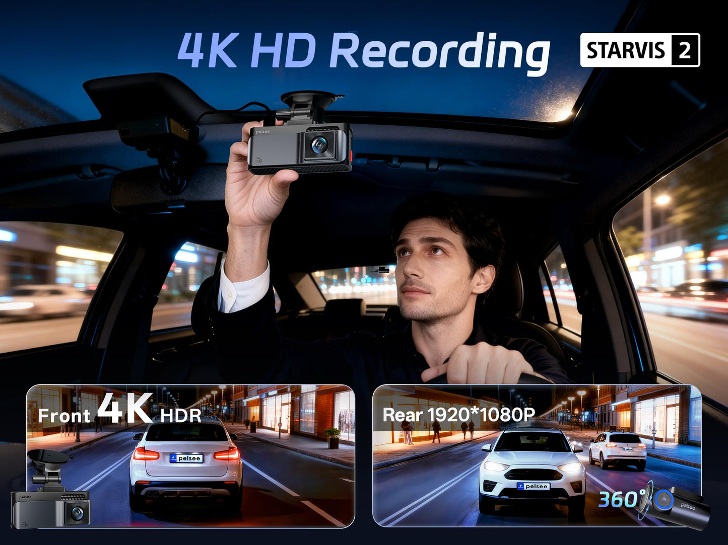 Pelsee S3 Touch 4K Dash Cam Front and Rear, STARVIS 2 Sensor, STARLIT™ Full Color Night Vision, 128GB Card, WiFi 6, ADAS, Dash Camera for Cars with 3.39"IPS Screen, Voice Control, 24H Parking Mode GPS