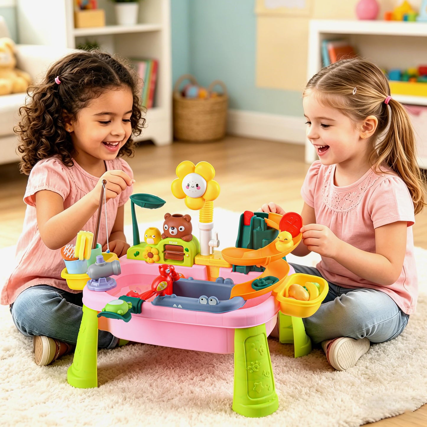 Upgraded Toddler Sand Water Table Toy with Electric Water Pump, Kids Sand Water with Faucet/Play Food Accessories/Fishing Toy, Kitchen Play Sink Toys for Girl Boy Age 3+ (Pink-Sunflower)