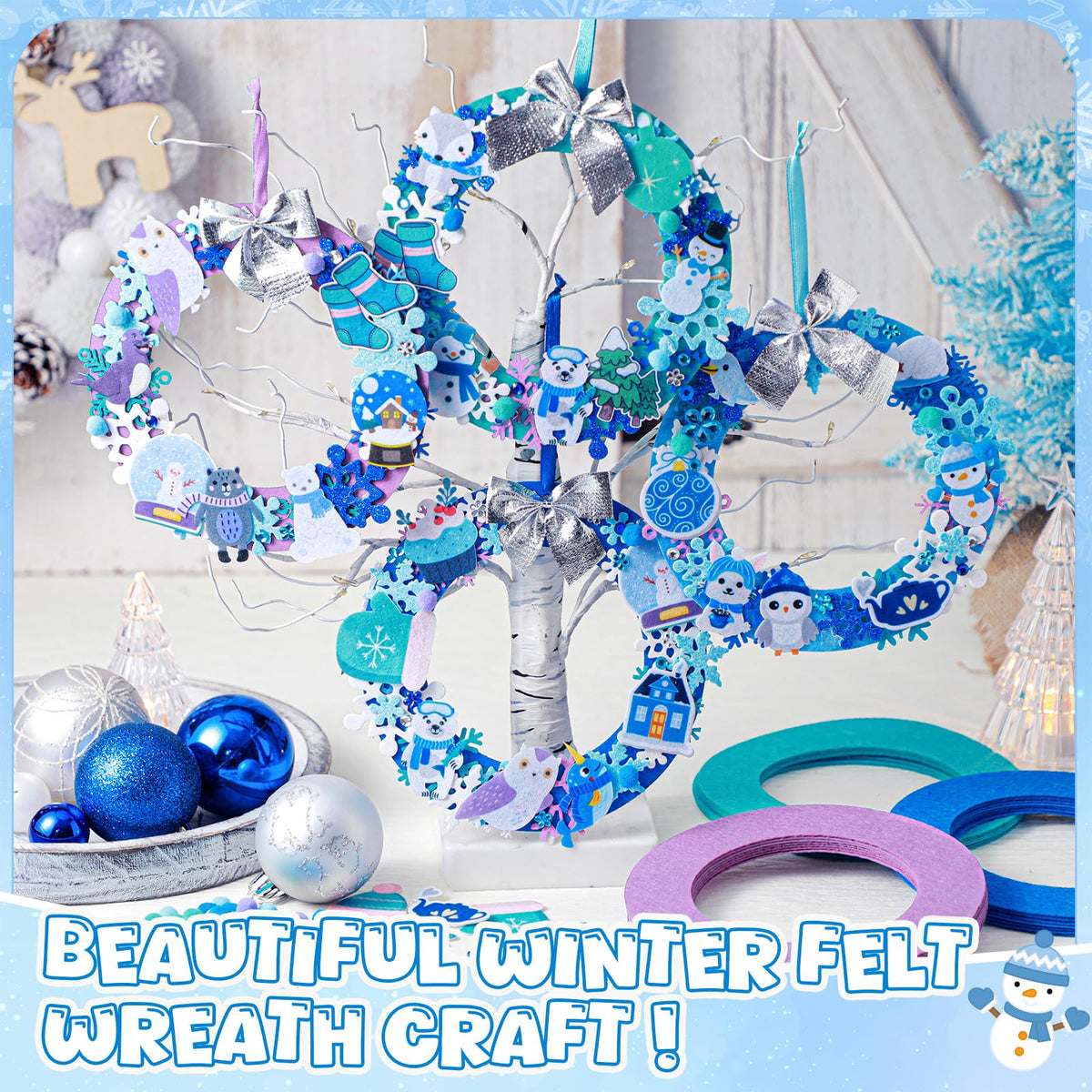 Moucuny 620/600 Pcs Winter Wreath Craft Kits DIY Snowman Christmas Wreath Crafts Kits Xmas Winter Home Decorations for Party Favors(Polar,Purple, Cyan, Light Blue, Dark Blue)