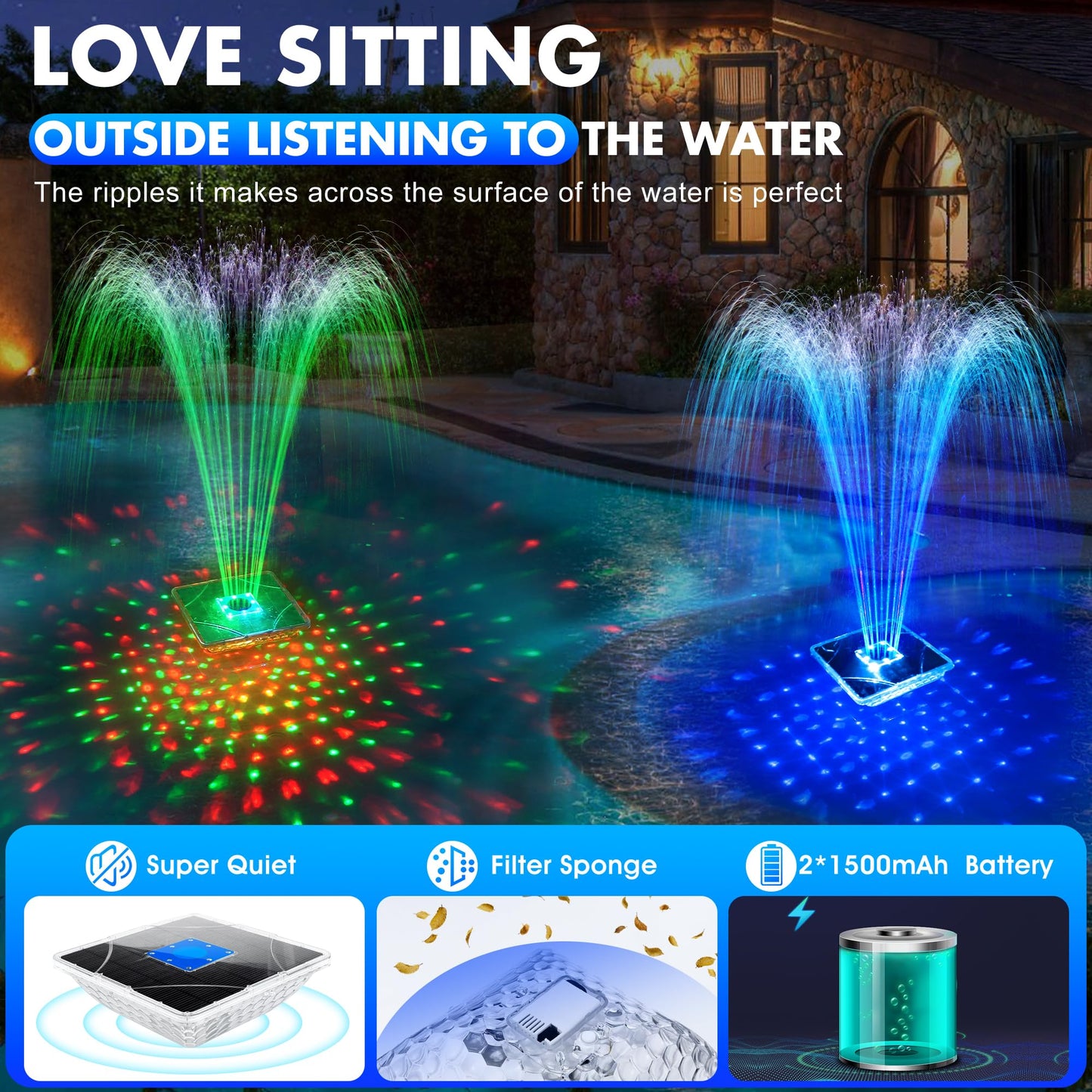 ChlorStar Upgraded Solar Fountain with Light Show,Large Solar Pool Fountain with Anchor,Square Floating Pool Fountains for Inground Above Ground Pool,Solar Water Fountains Pump for Pool-Dark Blue,1PC