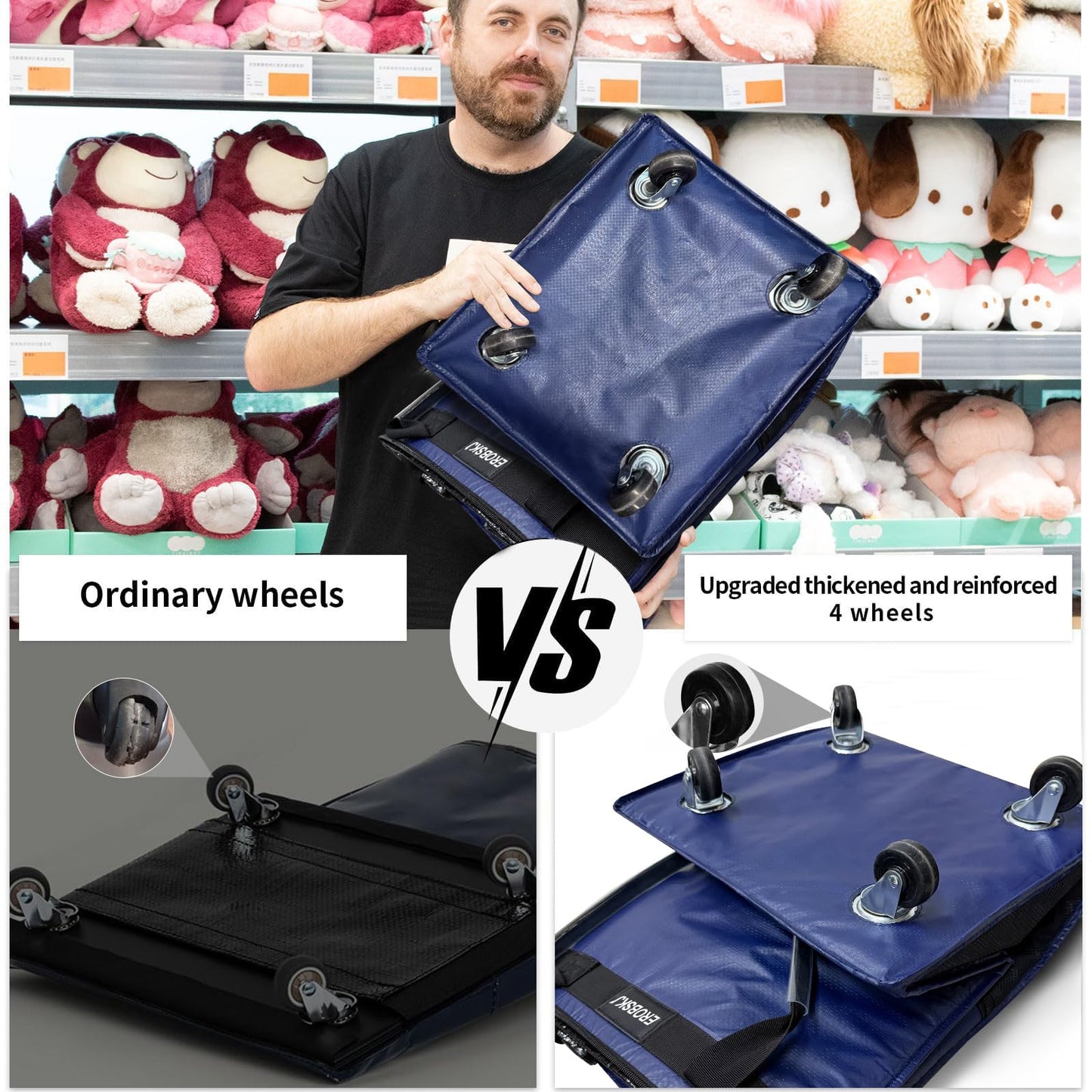 (Medium, Navy) Reusable Grocery Bag on Wheels, 70L Foldable Rolling Tote, Carries Up to 66 lbs Shopping Trolley, Zipper Clouser Shopping Carts for Trips, Laundry, 4 Heavy Duty Wheels and 3 Handles
