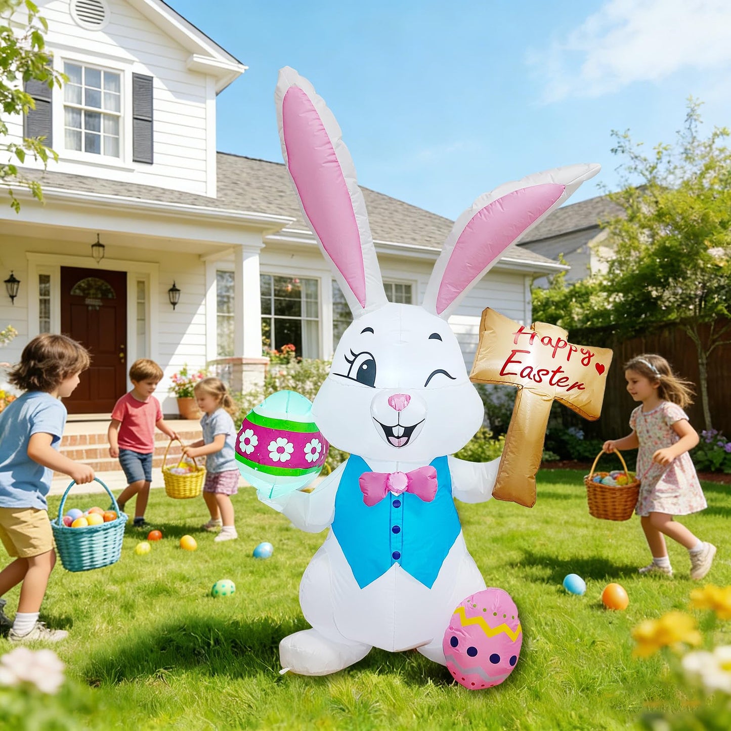 5FT Easter Inflatables Outdoor Decorations,Inflatable Bunny with Easter Eggs, Blow-up Yard Decor for Indoor/Outdoor Garden Lawn & Holiday Party (Rabbit Raise The Sign)